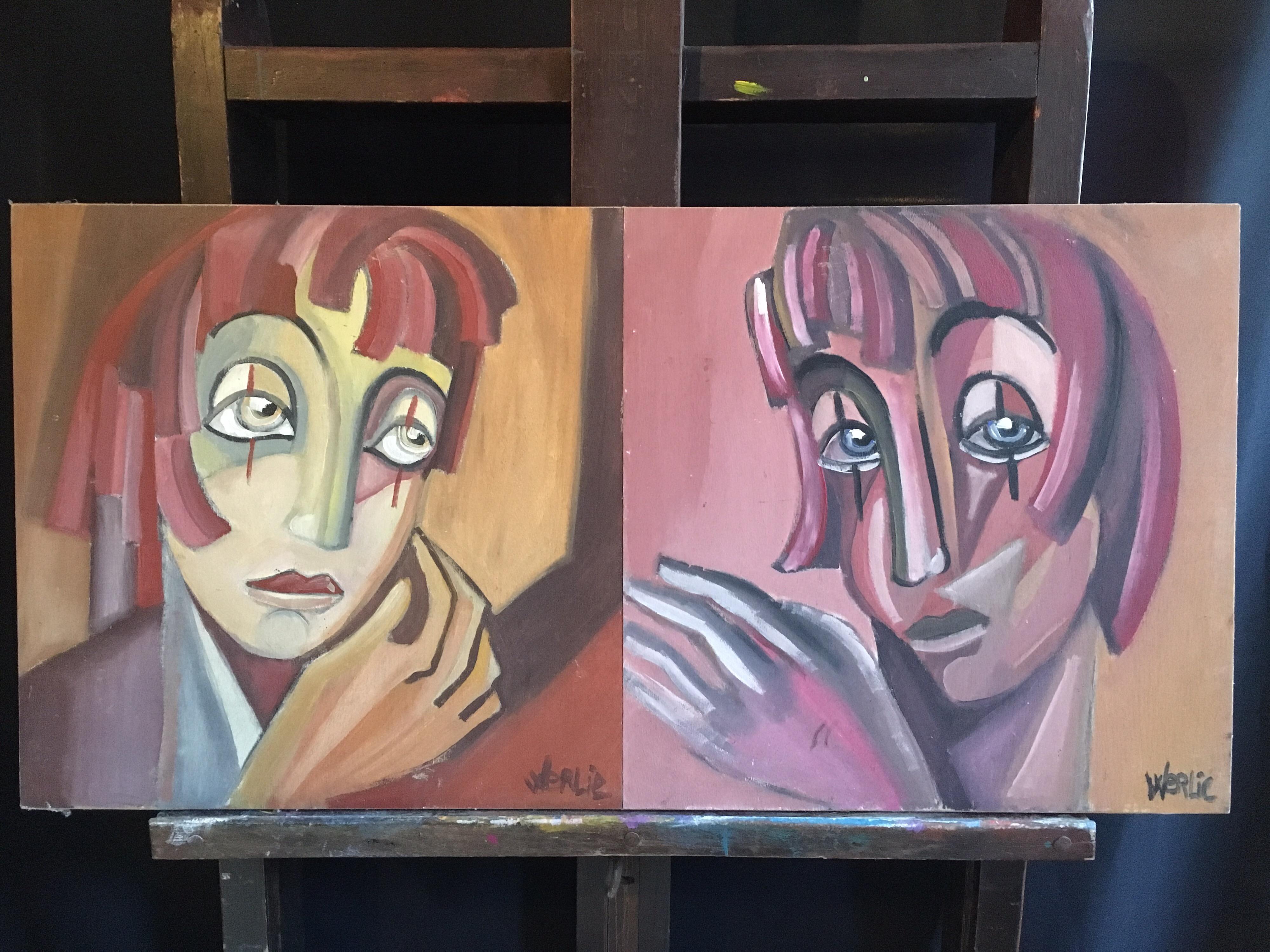 Ritratti astratti francesi contemporanei Due dipinti affiancati - Painting di Beatrice Werlie