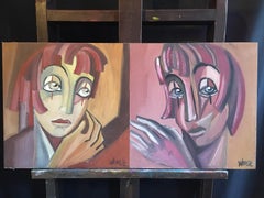 Contemporary Abstract French Portraits Two Paintings Side by Side