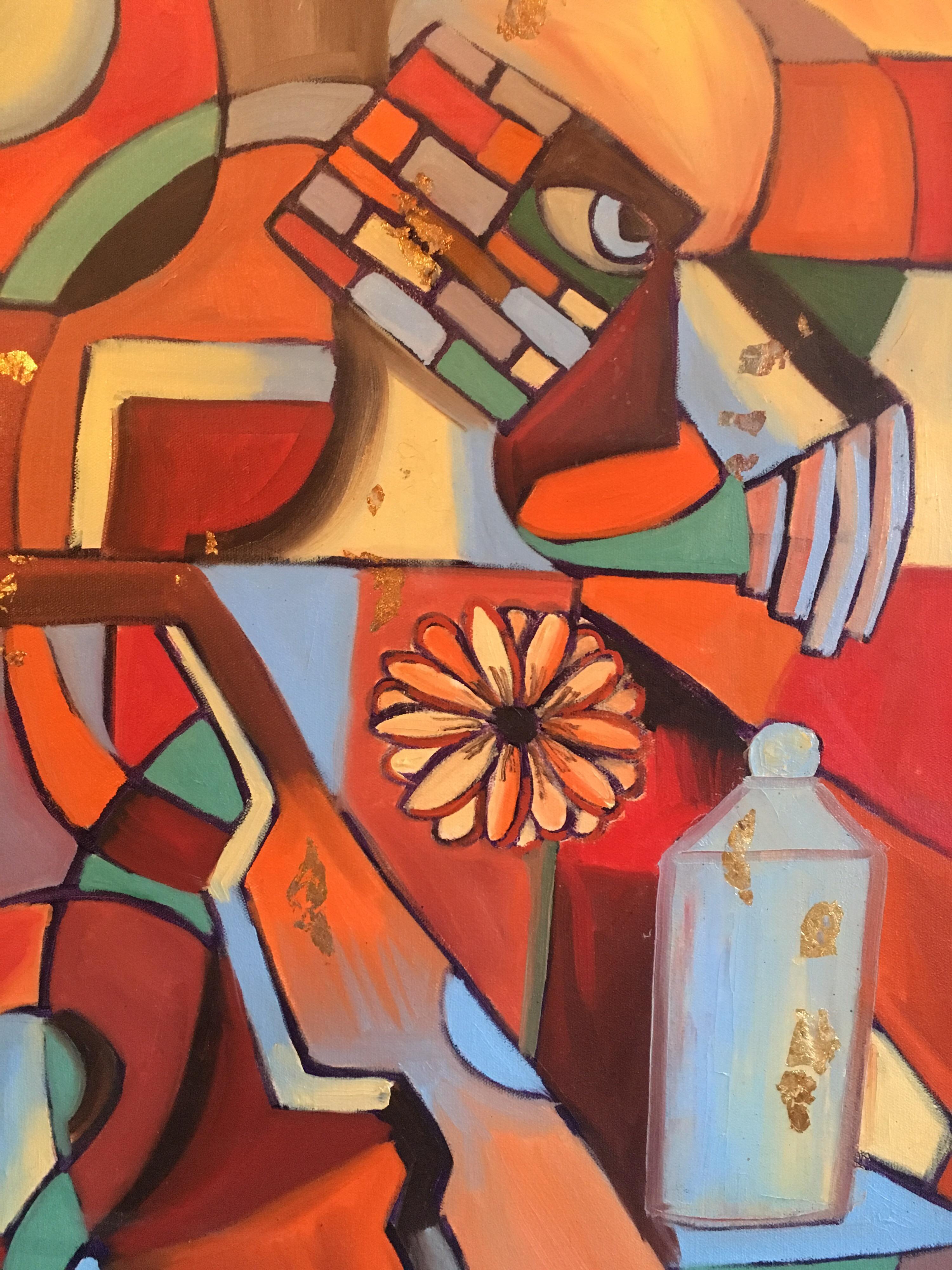 Portrait Painting di Beatrice Werlie - Grande dipinto astratto francese, stile Picasso, olio originale, firmato