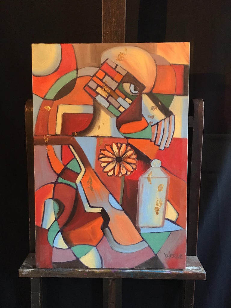 Large French Abstract, Picasso Style, Original Oil Painting, Signed 
By French artist Beatrice Werlie, early 21st Century
Signed by the artist on the lower right hand corner
Oil painting on canvas, unframed
Canvas size: 29 x 19.5 inches

Sensational