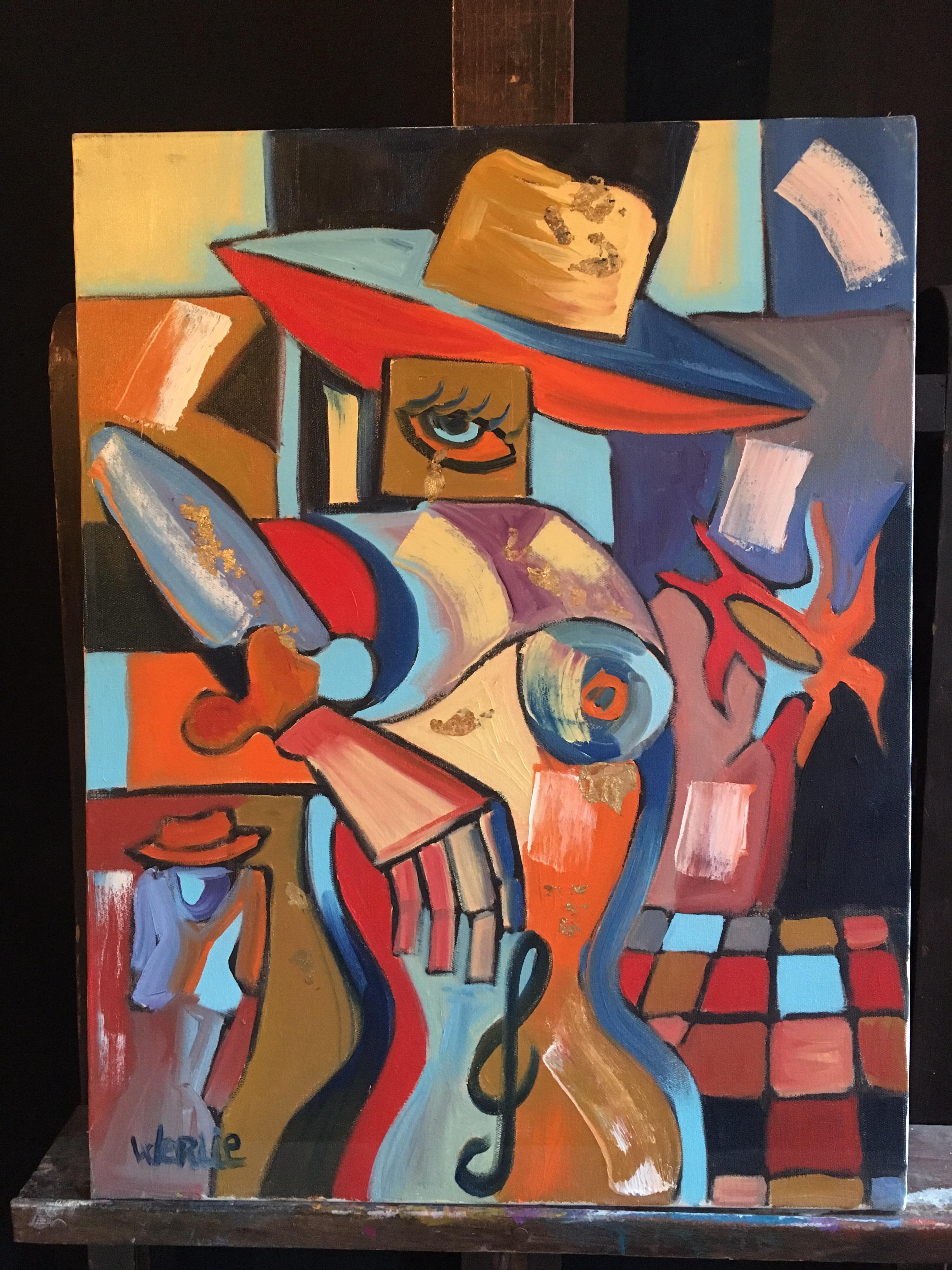 Large French Abstract Picasso Style Red Colour Original Oil Painting Signed  For Sale 3