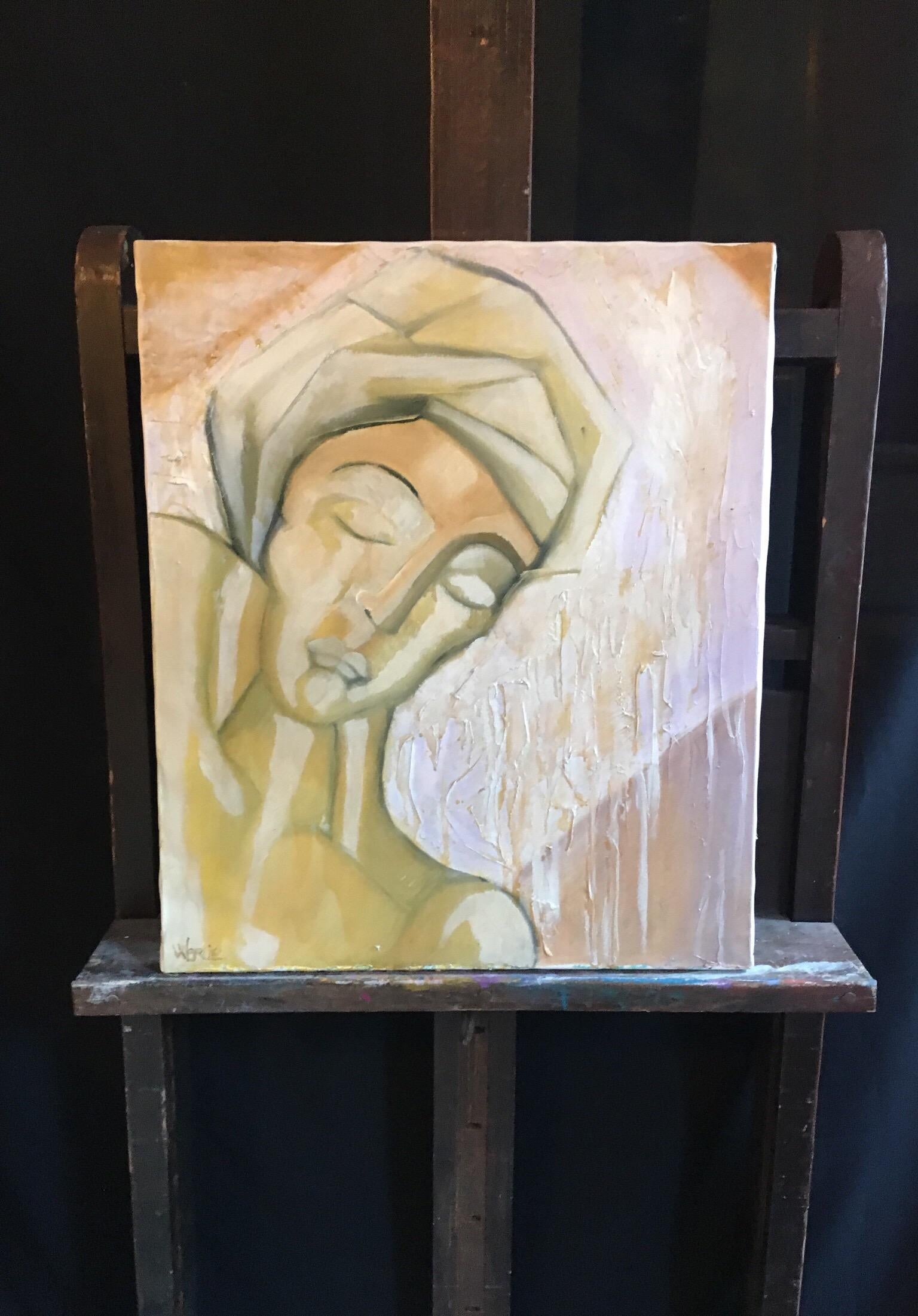 Ritratto giallo pallido, cubista, astratto francese, pittura a olio originale - Painting di Beatrice Werlie