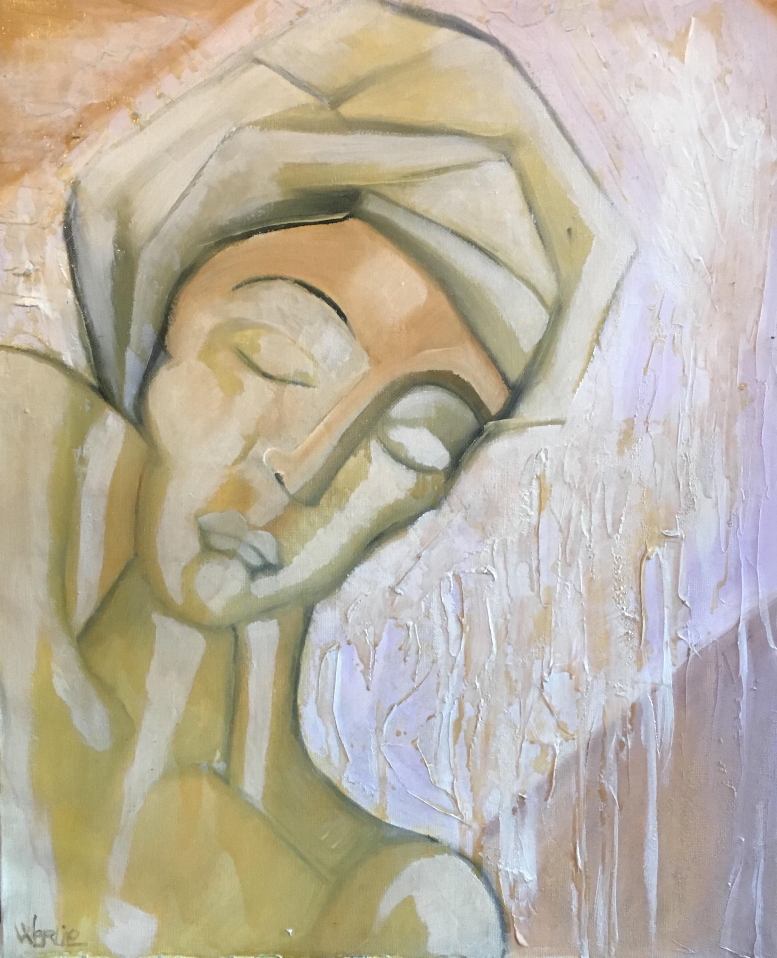 Abstract Painting di Beatrice Werlie - Ritratto giallo pallido, cubista, astratto francese, pittura a olio originale