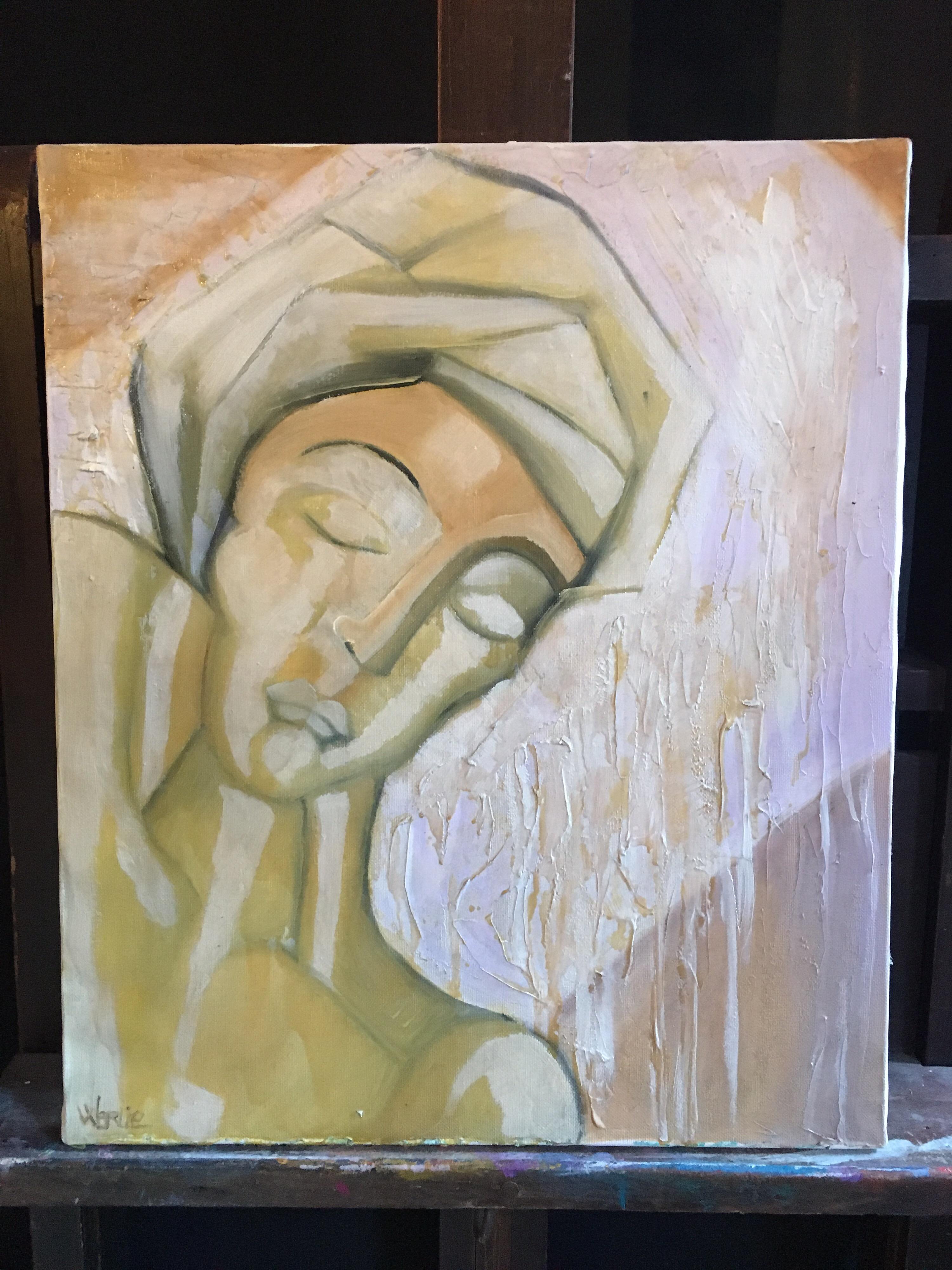Ritratto giallo pallido, cubista, astratto francese, pittura a olio originale - Painting Astratto di Beatrice Werlie