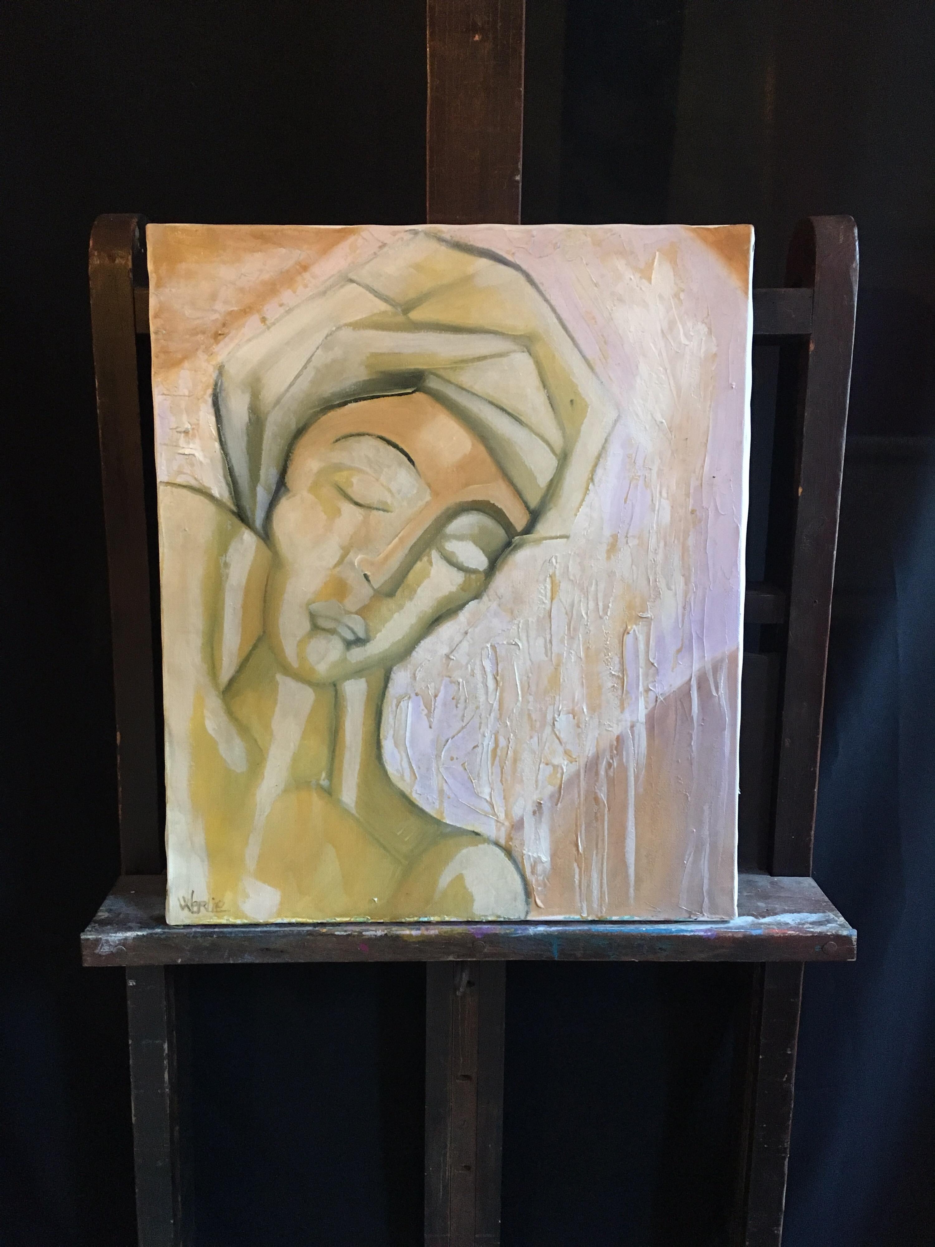 Ritratto giallo pallido, cubista, astratto francese, pittura a olio originale - Abstract Painting Beige di Beatrice Werlie