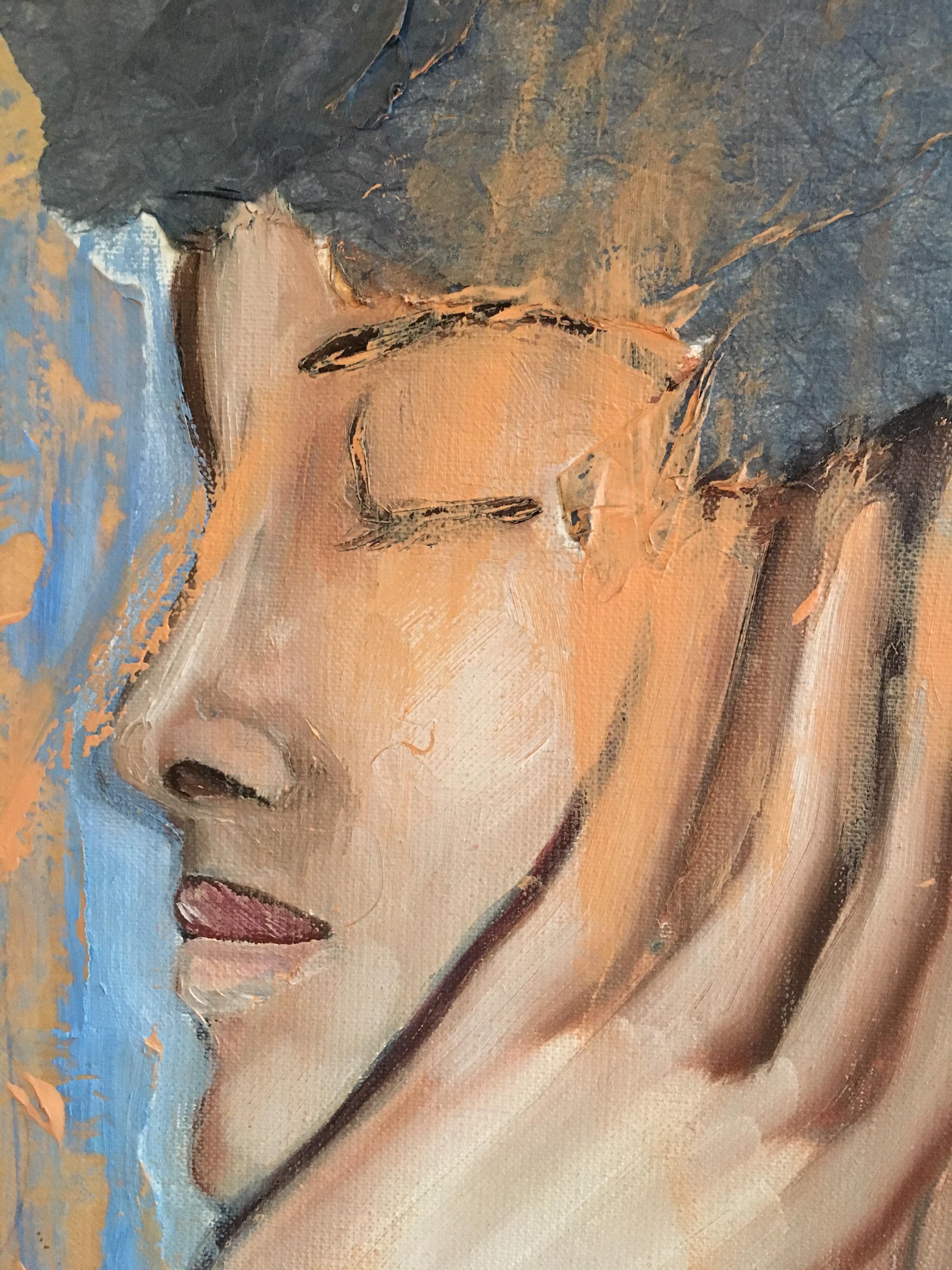Retrato Elegante, Perfil Lateral, Pintura Técnica Mixta, Artista Francés - Abstract Painting Marrón de Beatrice Werlie