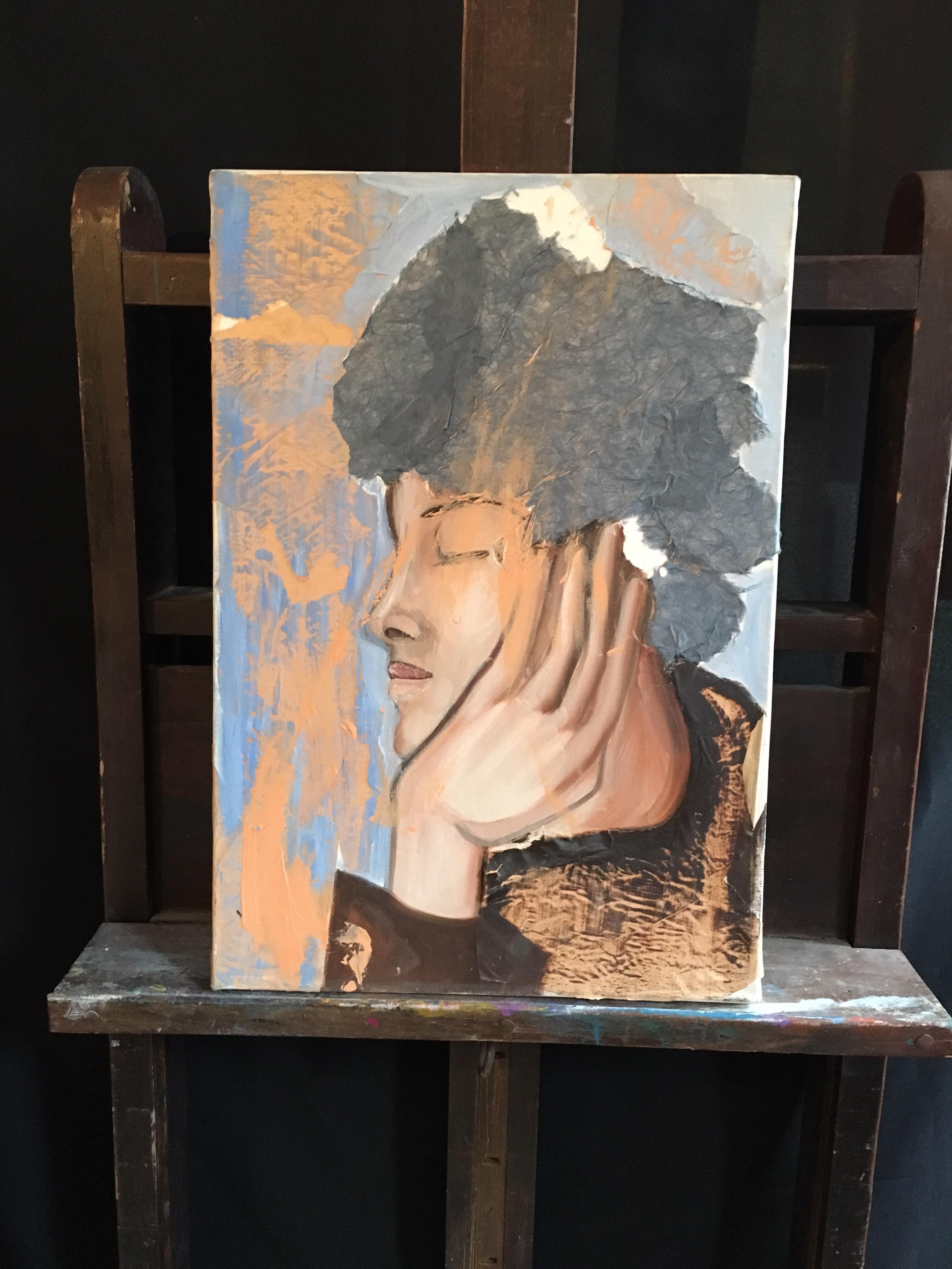 Elegant Portrait, Side Profile, Mixed Medium Painting, French Artist For Sale 1