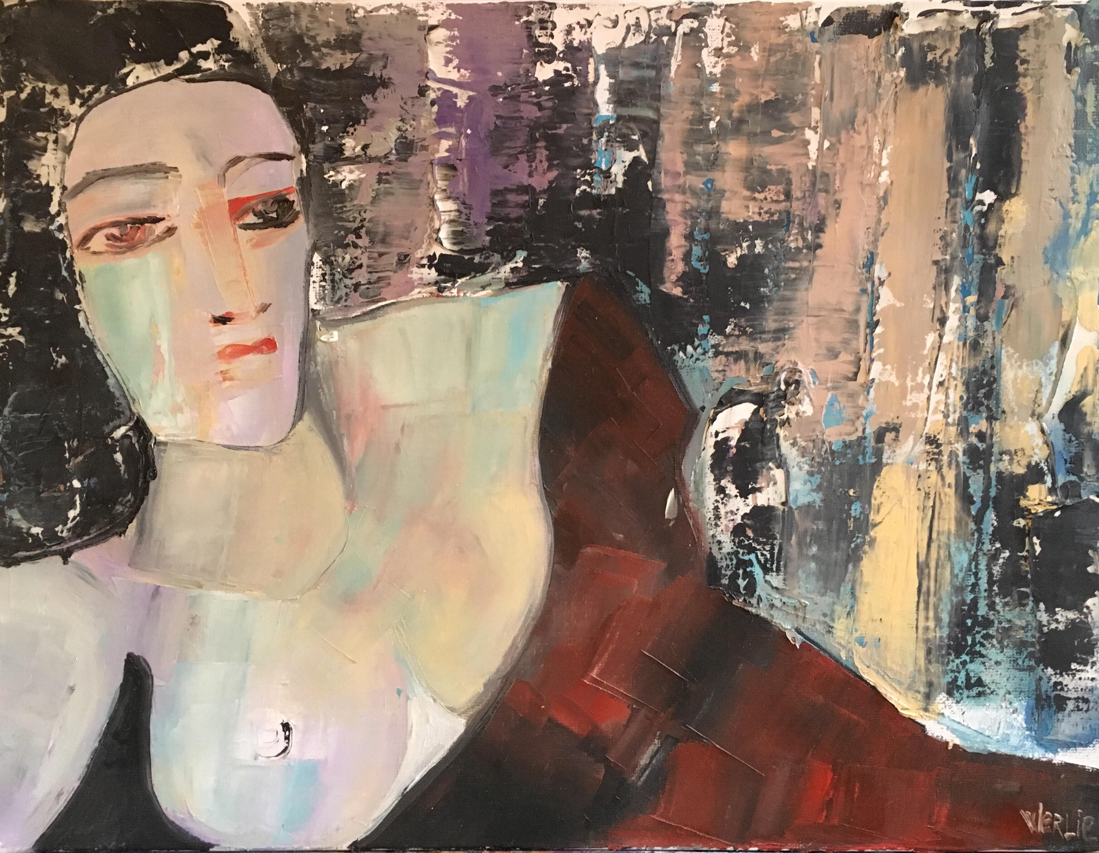 Contemporary French Modernist Portrait Lady in Red Ölgemälde signiert