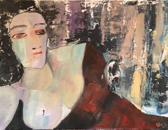 Contemporary French Modernist Portrait Lady in Red Ölgemälde signiert