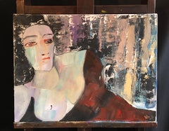 Peinture à l'huile contemporaine Moderniste française Portrait Lady in Red signé