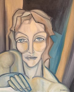 Portrait à l'huile abstrait cubiste de couleur bleue, peinture à l'huile originale, signée 
