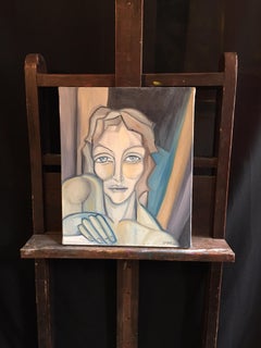 Blue Coloured Portrait, Cubist Abstract, Original Oil Painting, Signed
