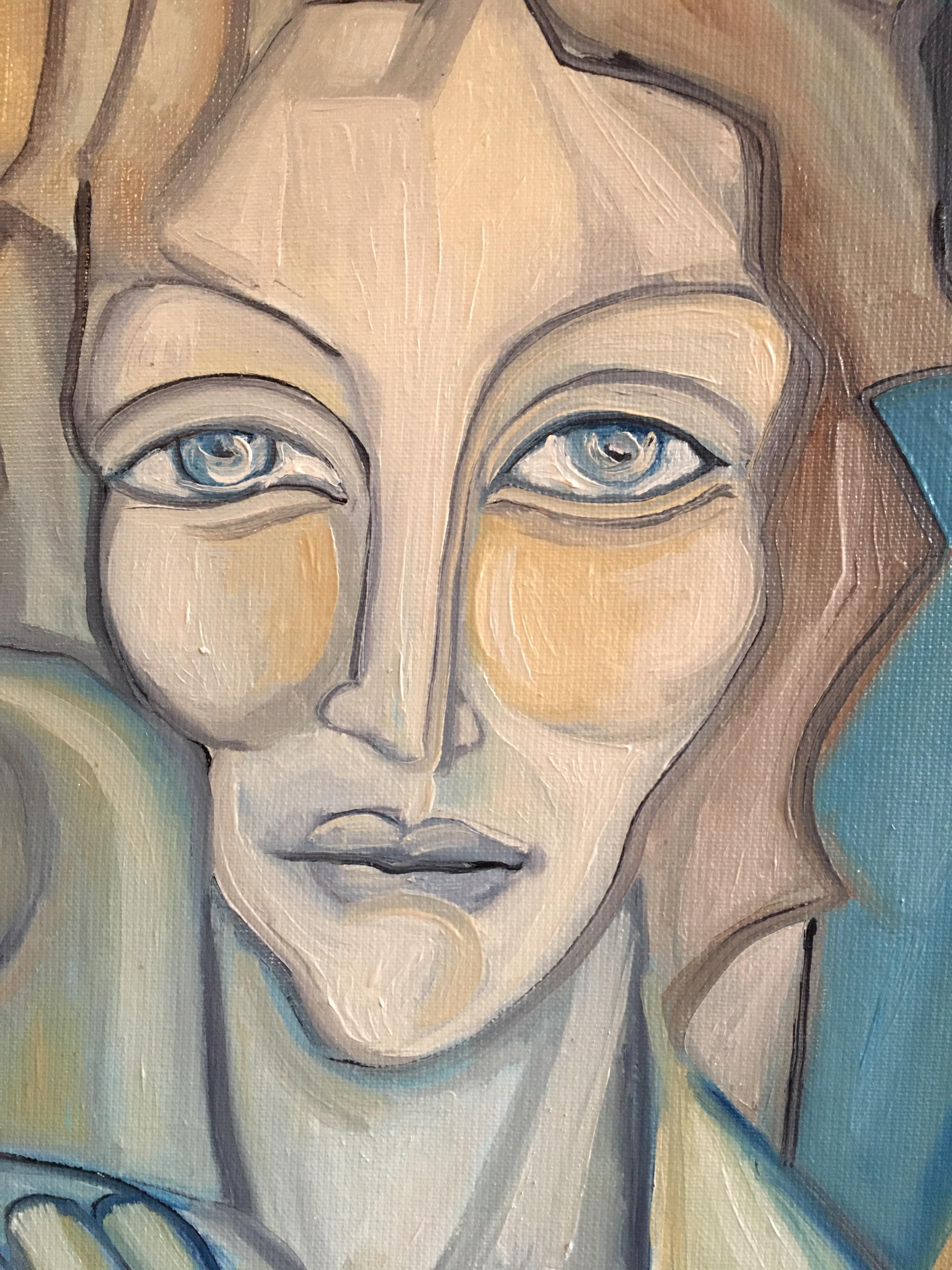 Blue Coloured Portrait, Cubist Abstract, Original Oil Painting, Signed  - Brown Abstract Painting by Beatrice Werlie