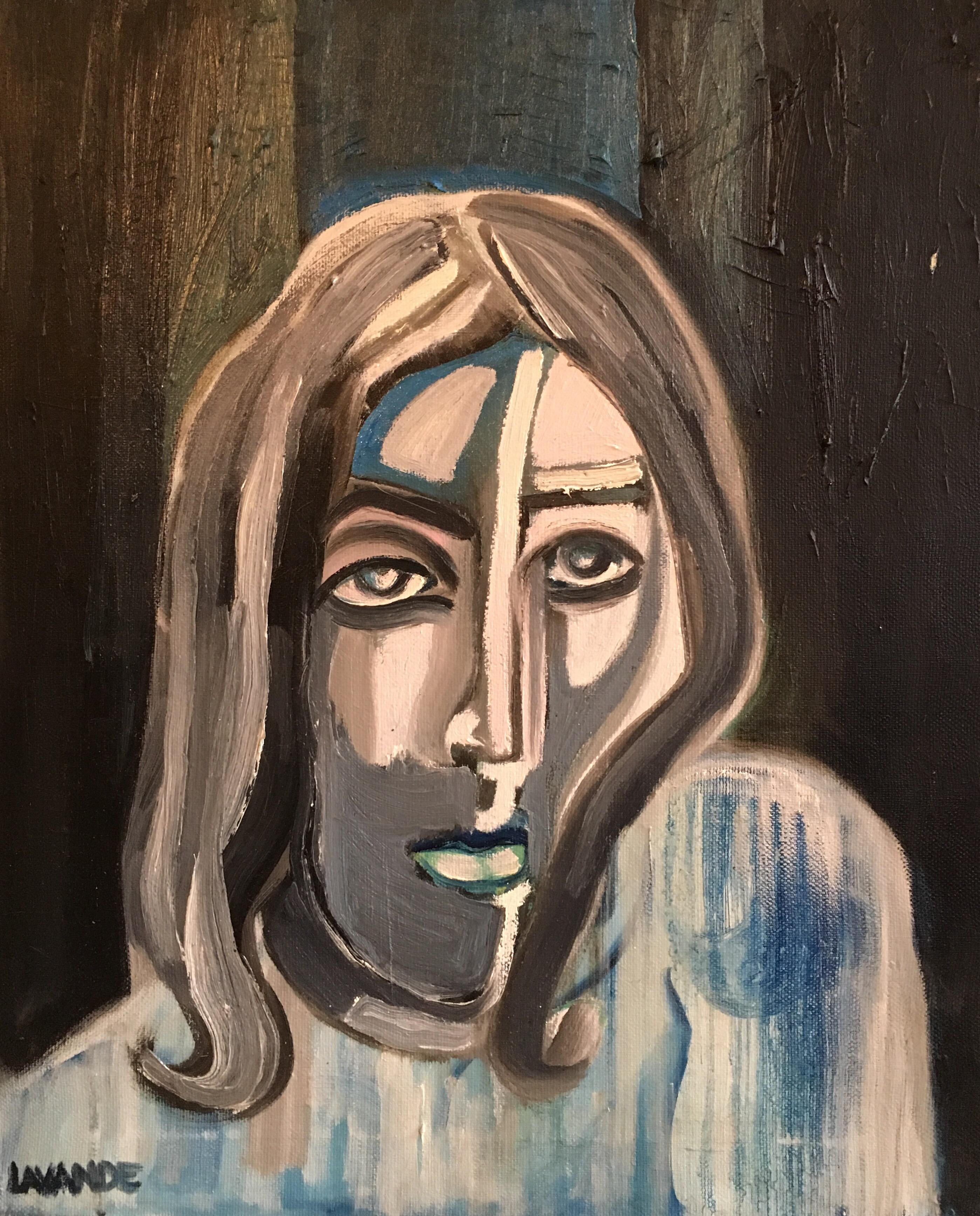 Dark Picasso Style Portrait, Cubist Abstract, Original Oil Painting, Signed 