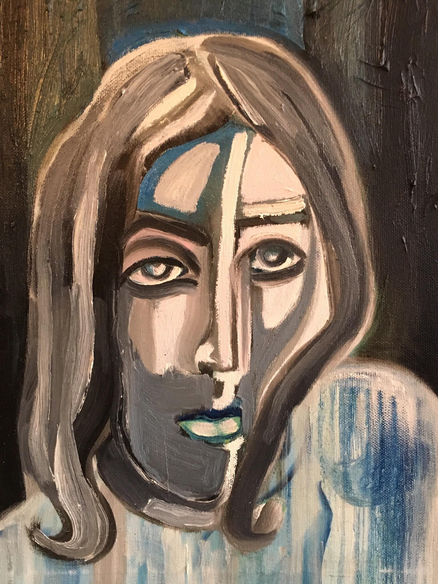 Dark Picasso Style Portrait, Cubist Abstract, Original Oil Painting, Signed 
By French artist Beatrice Werlie, early 21st Century
Titled 'Lavande' in the lower left hand corner
Oil painting on canvas, unframed
Canvas size: 18 x 15