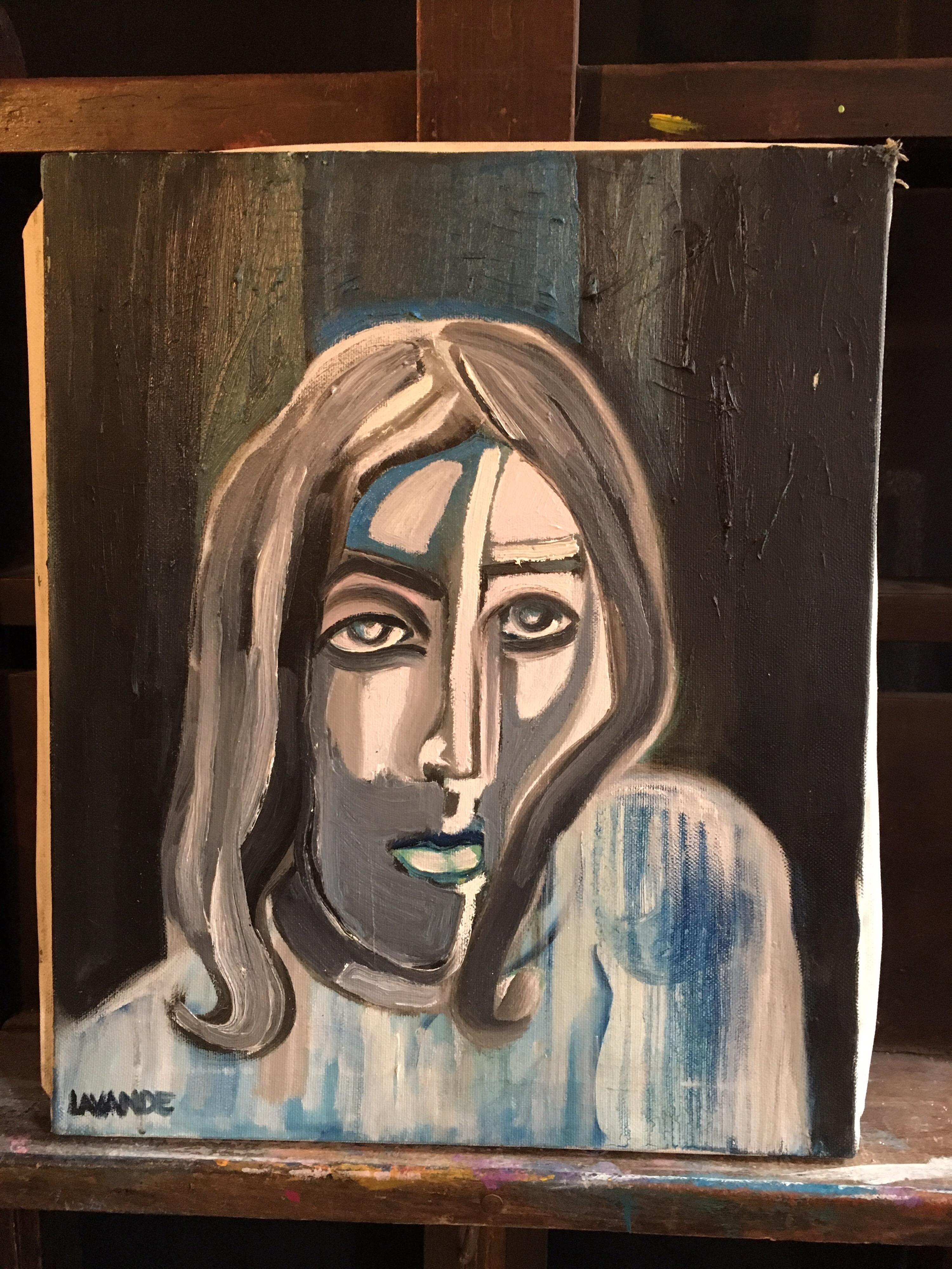 Dark Picasso Style Portrait, Cubist Abstract, Original Oil Painting, Signed  For Sale 1