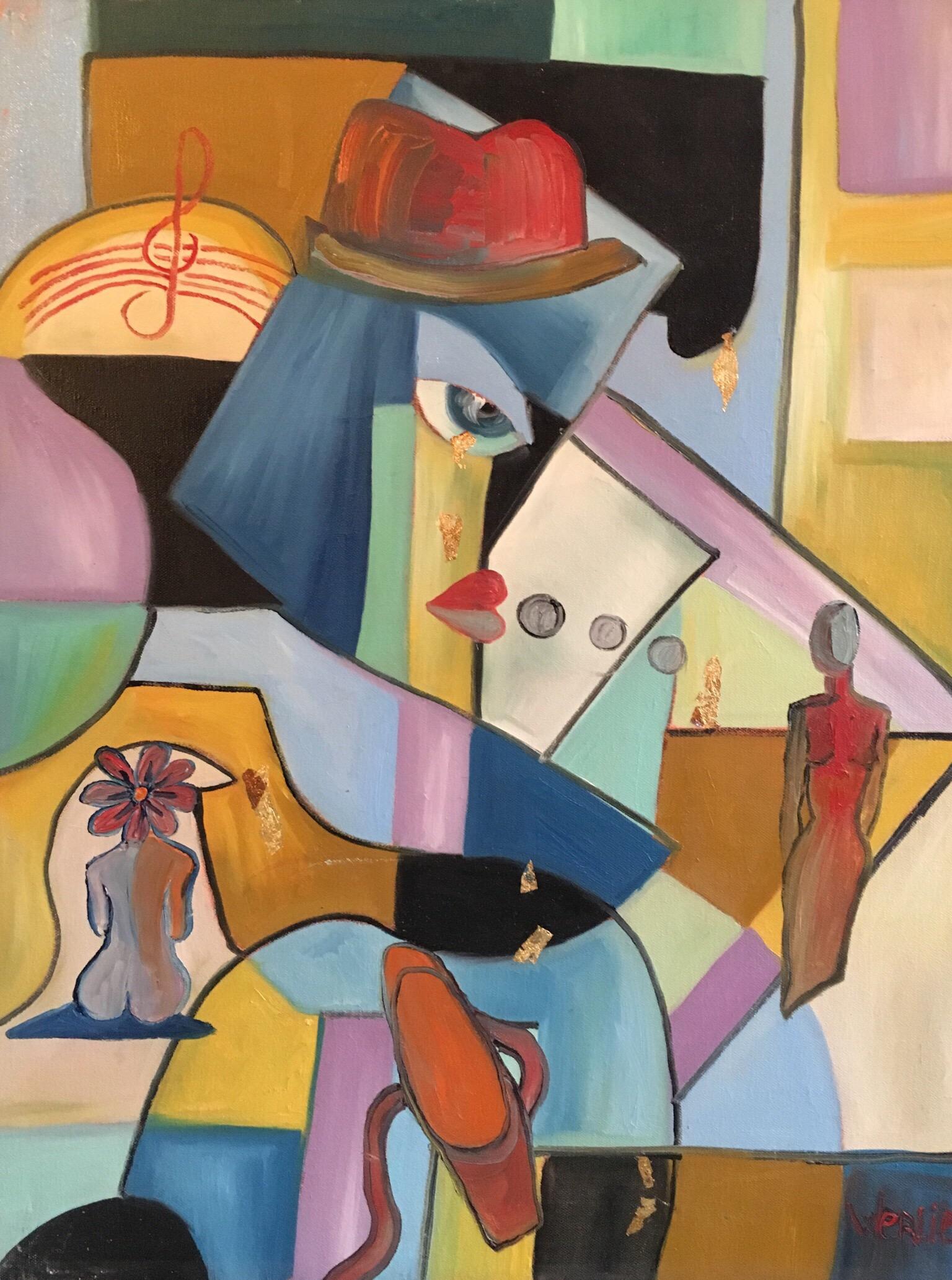Französisches abstraktes, mehrfarbiges Original-Ölgemälde im Picasso-Stil, signiert