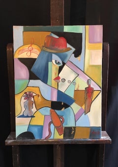 Peinture à l'huile originale multicolore de style Picasso abstrait français signée