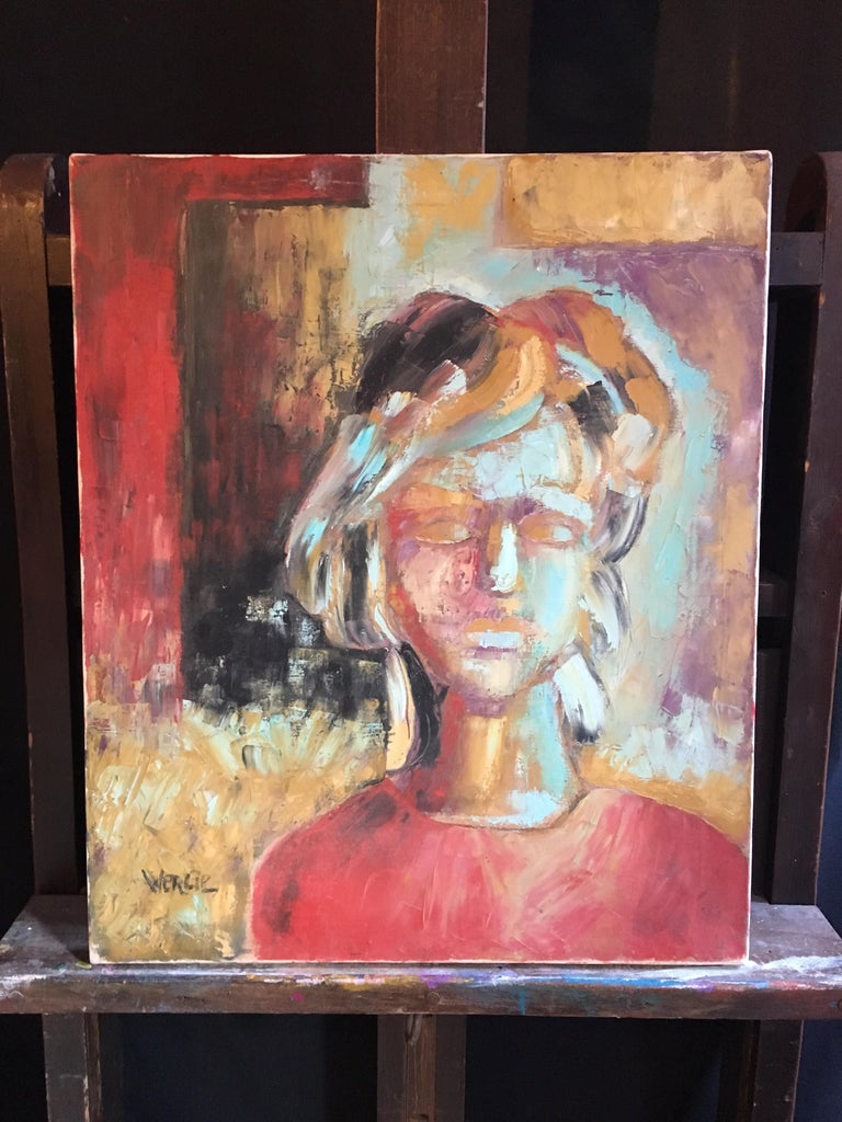 Elegant Portrait, Abstract Style, French Artist, Signed - Brown Portrait Painting by Beatrice Werlie