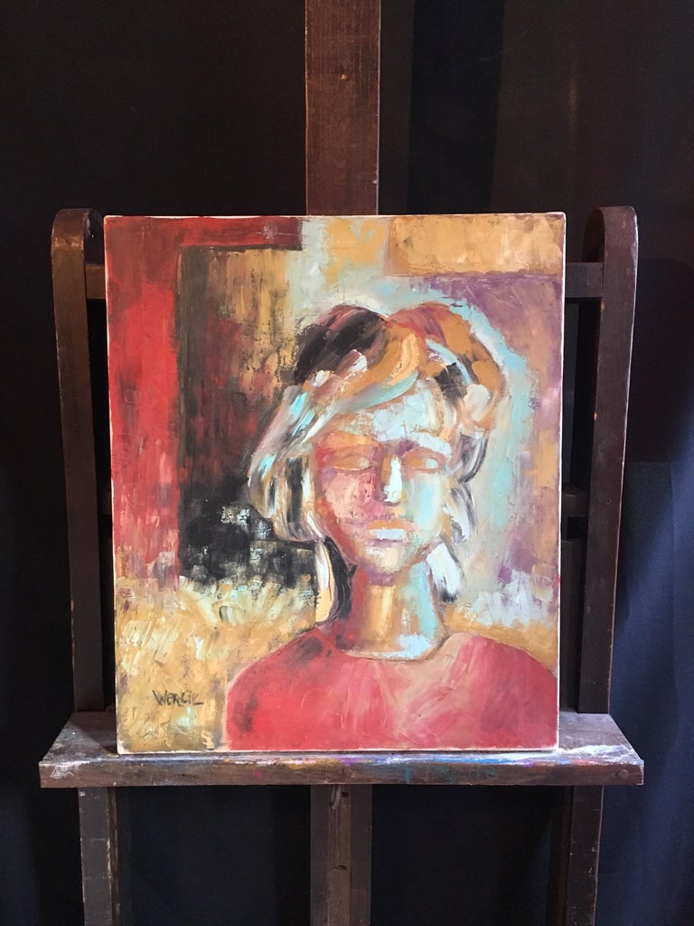 Elegant Portrait, Abstract Style, French Artist, Signed
By French artist Beatrice Werlie, early 21st Century
Signed by the artist on the lower left hand corner
Oil painting on canvas, unframed
Canvas size: 21.5 x 18 inches

Sensational abstract oil