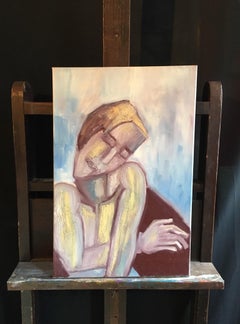 French Abstract Portrait Picasso Style Blue Colour Original Oil Painting