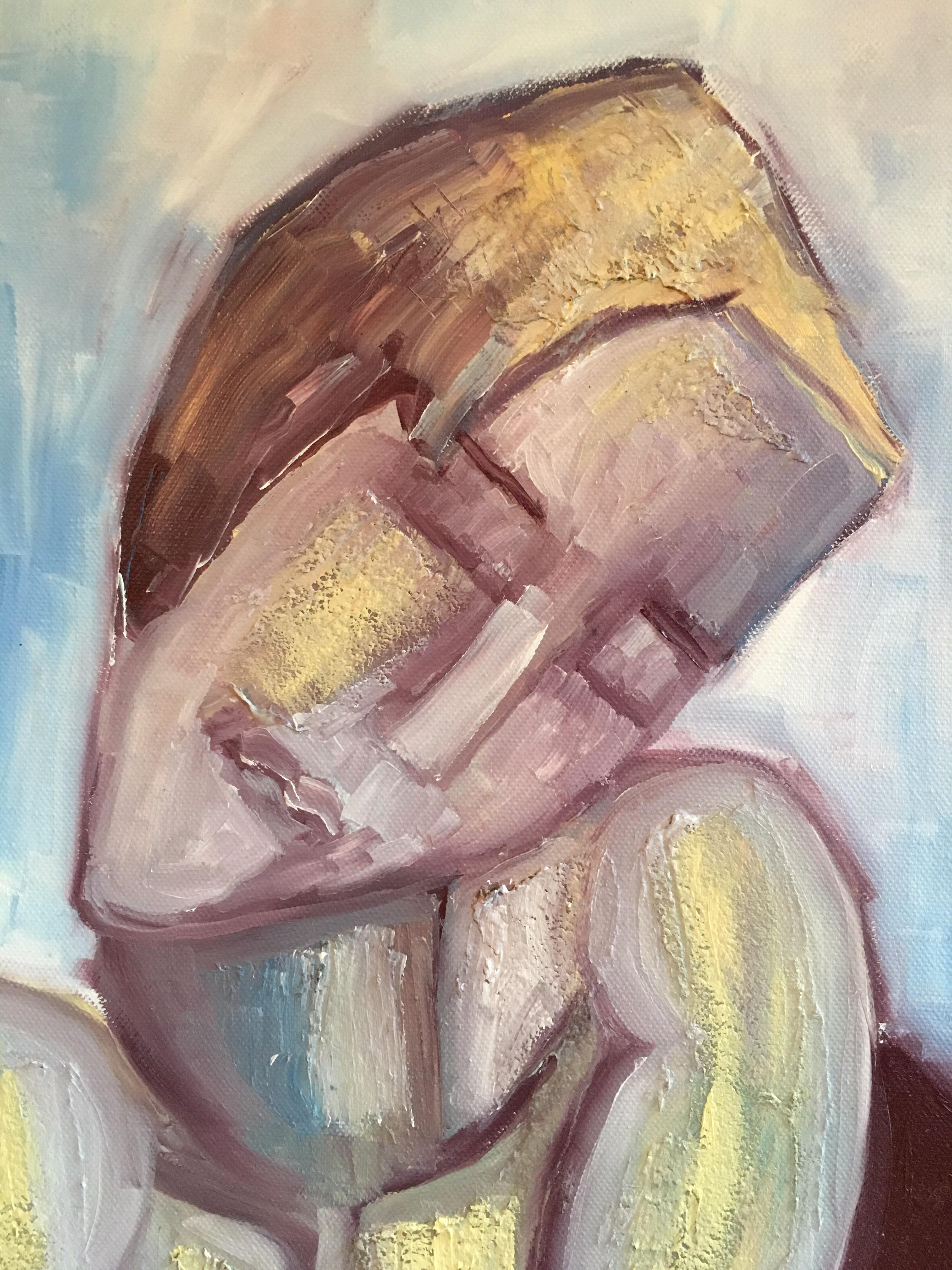 Ritratto astratto francese stile Picasso Colore blu Pittura ad olio originale - Abstract Painting Beige di Beatrice Werlie
