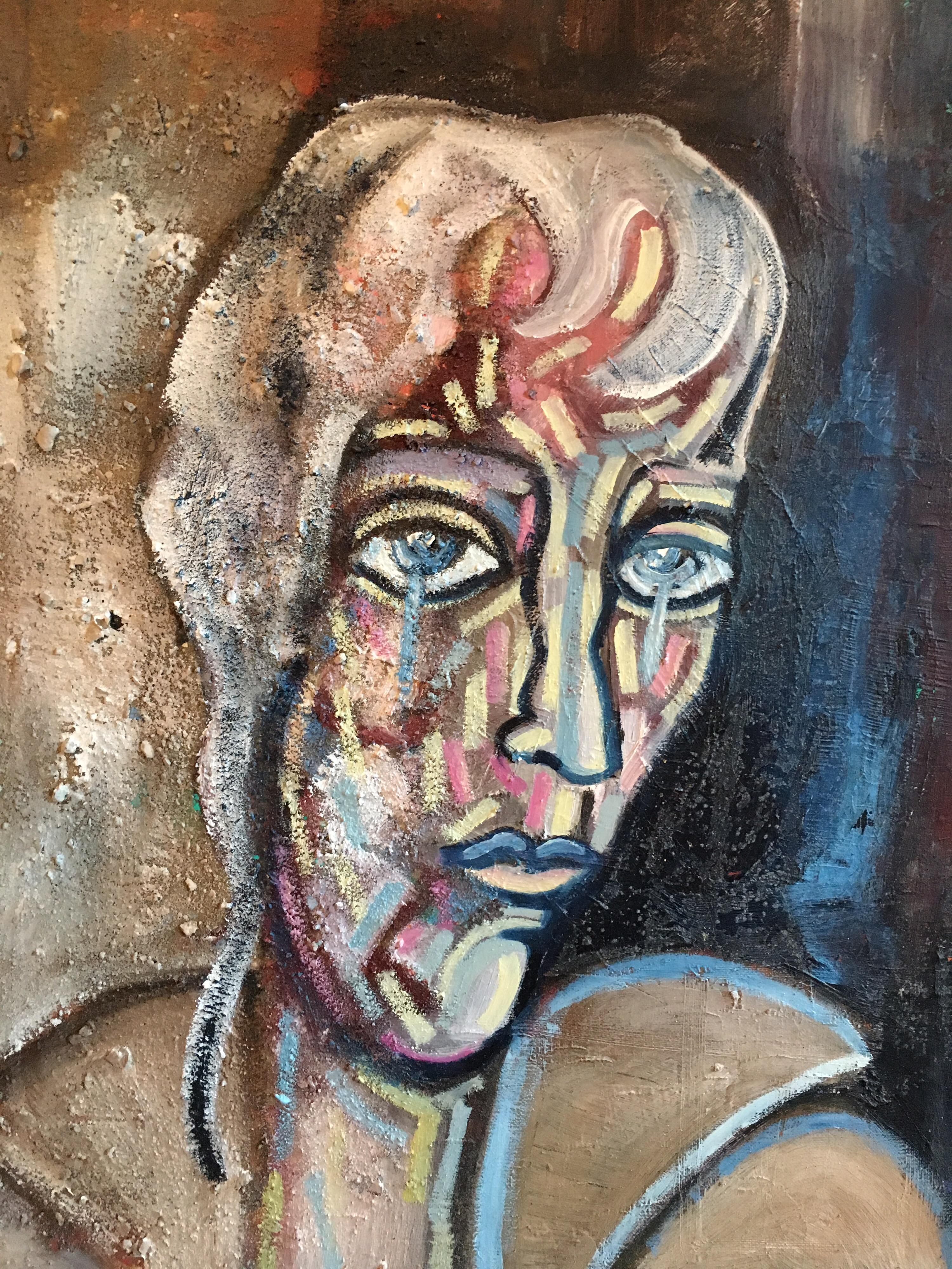 Abstract Portrait, Dark Colours, Picasso Style, Original Oil Painting - Brown Abstract Painting by Beatrice Werlie
