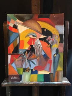 Abstracto grande, estilo Picasso, multicolor, pintura al óleo original, firmada