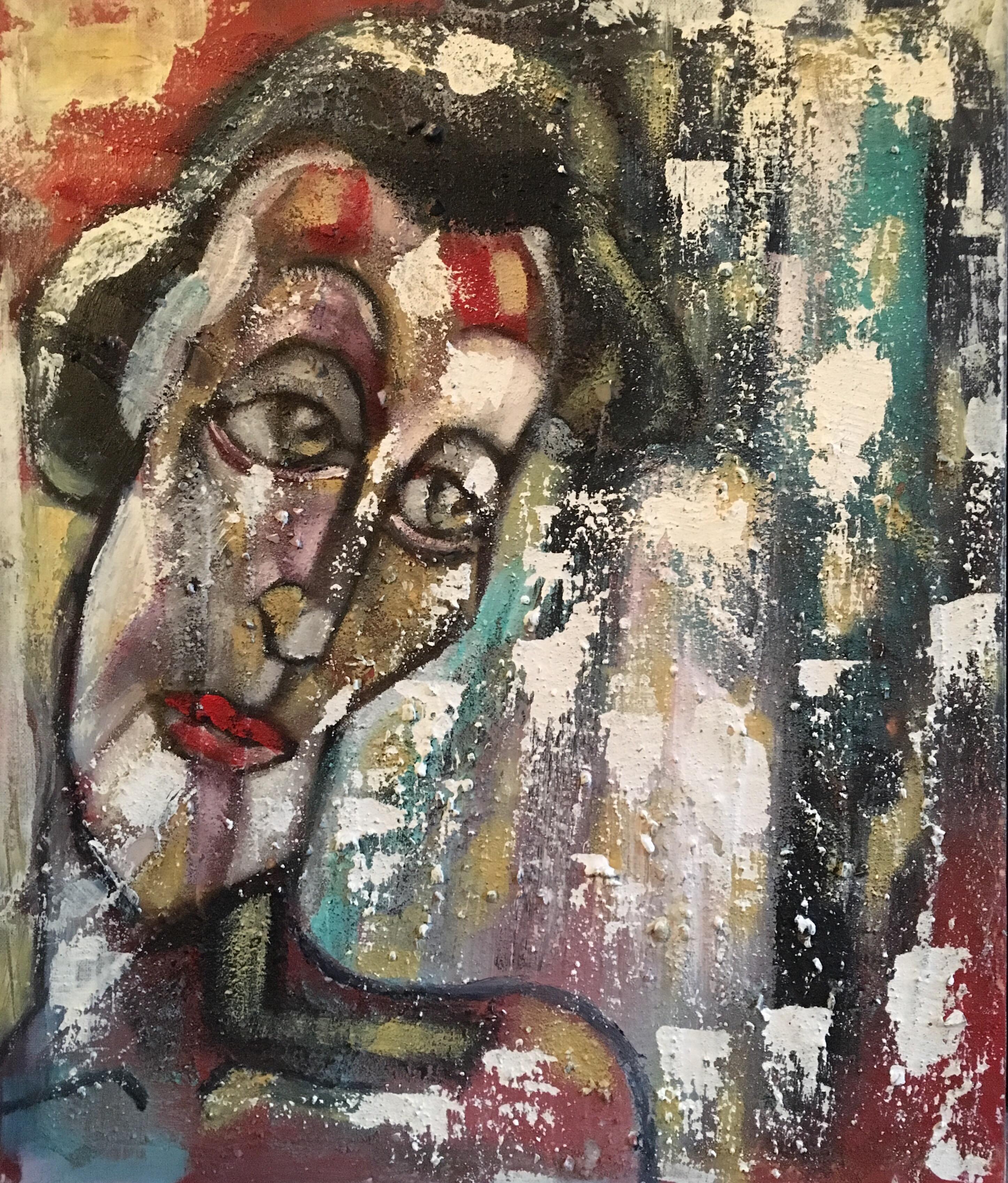 Portrait Painting di Beatrice Werlie - Ritratto di grande effetto, colori scuri, "Un Jour de Pluie", pittura ad olio originale