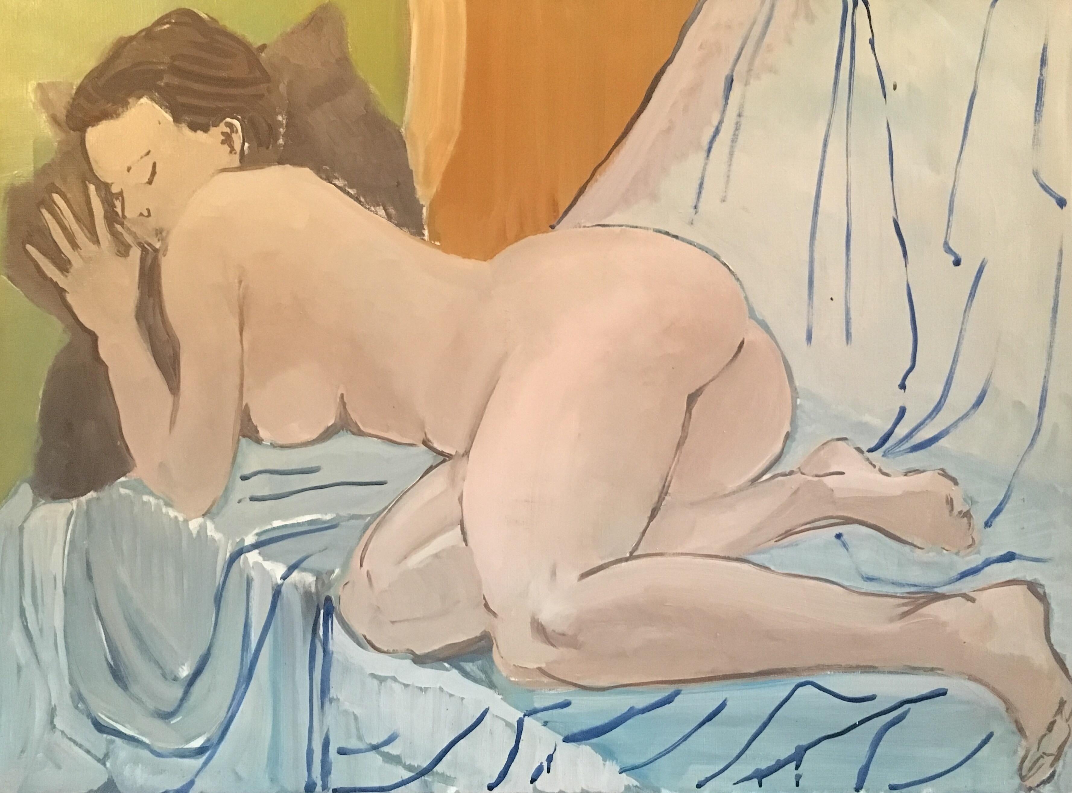Unknown Interior Painting - Large Impressionist Nude, Oil Painting, Light Green/Blue Colour