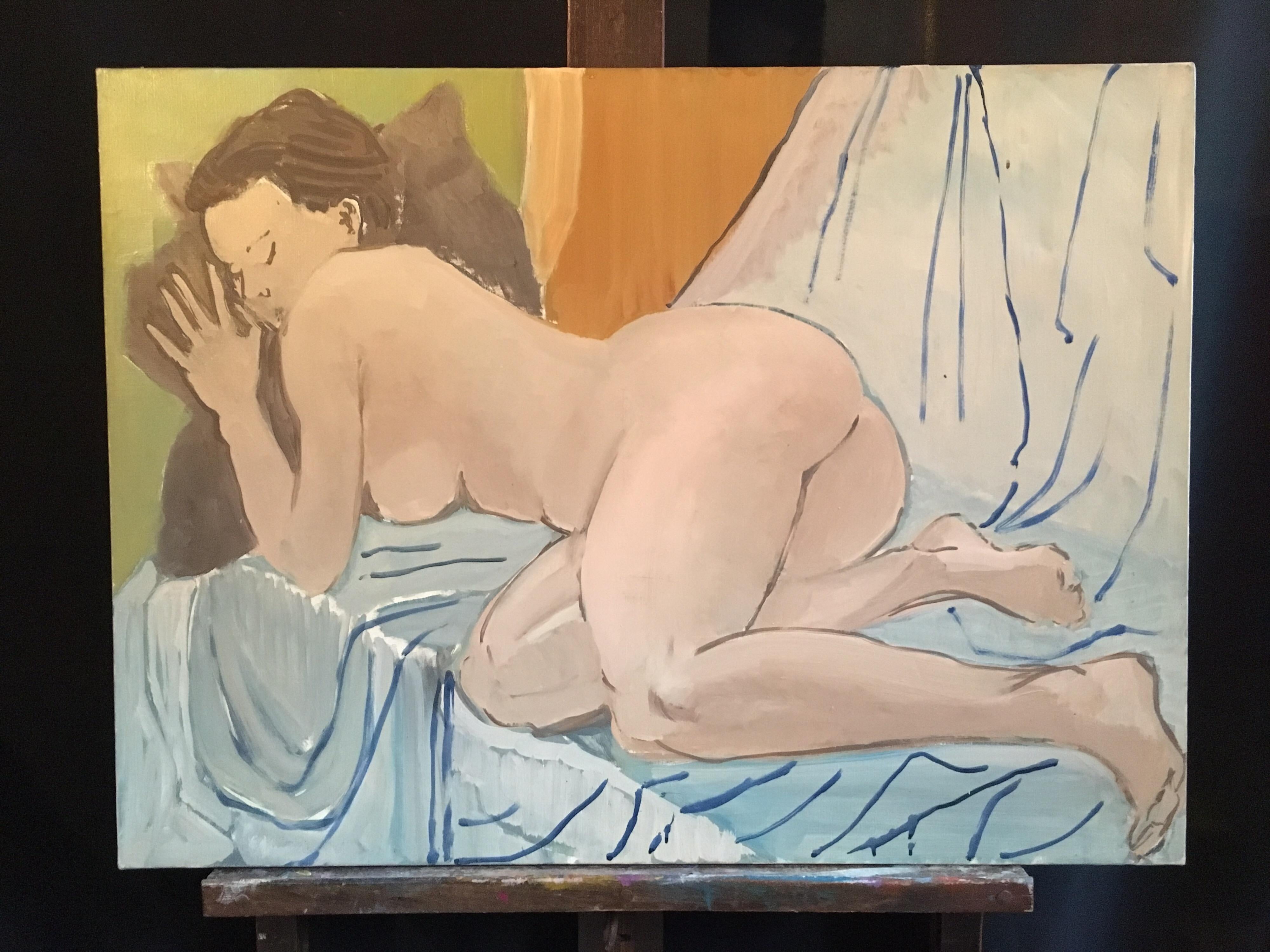 Large Impressionist Nude, Oil Painting, Light Green/Blue Colour - Beige Interior Painting by Unknown