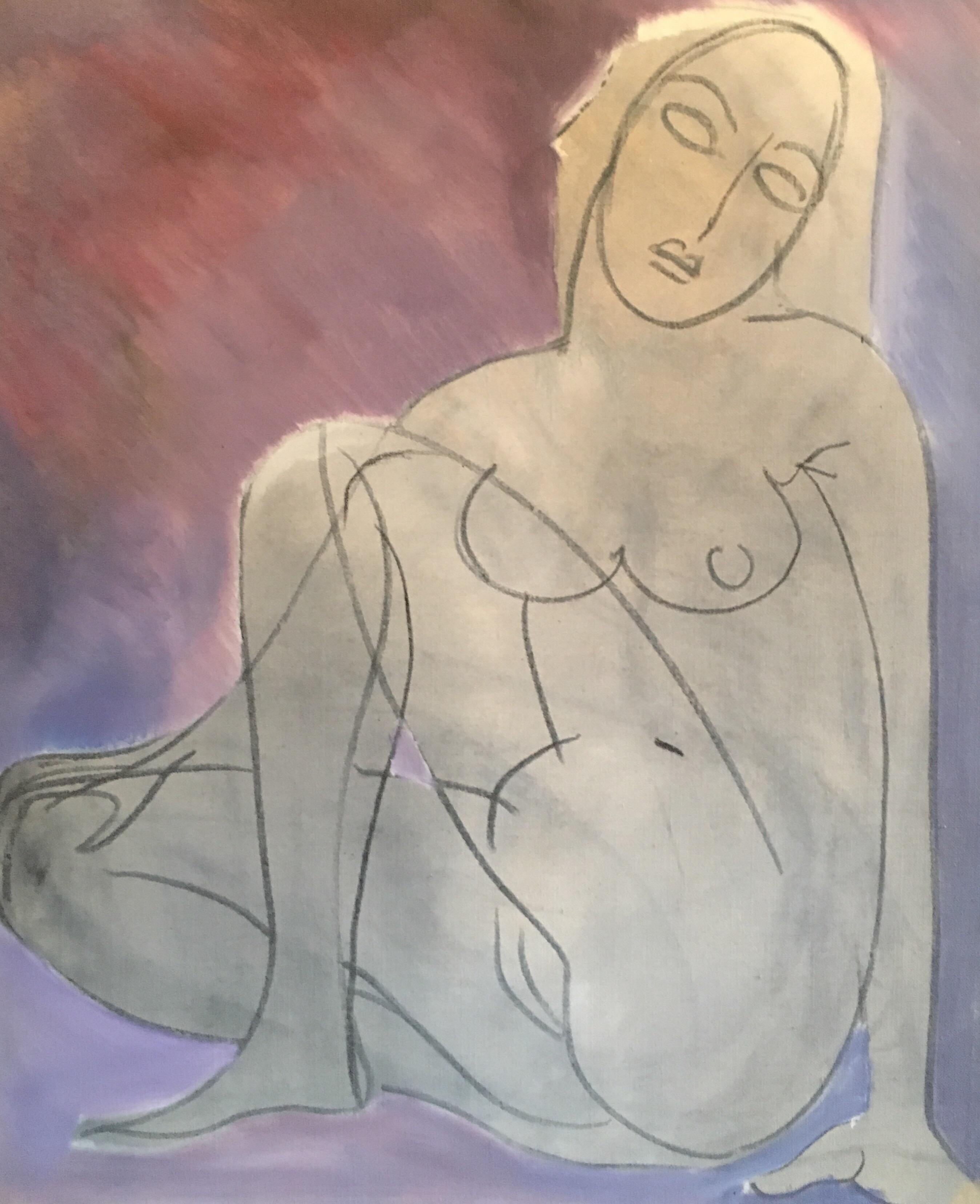 Unknown Interior Painting - Large Nude Sketch, Oil Painting, Light Purple Colour
