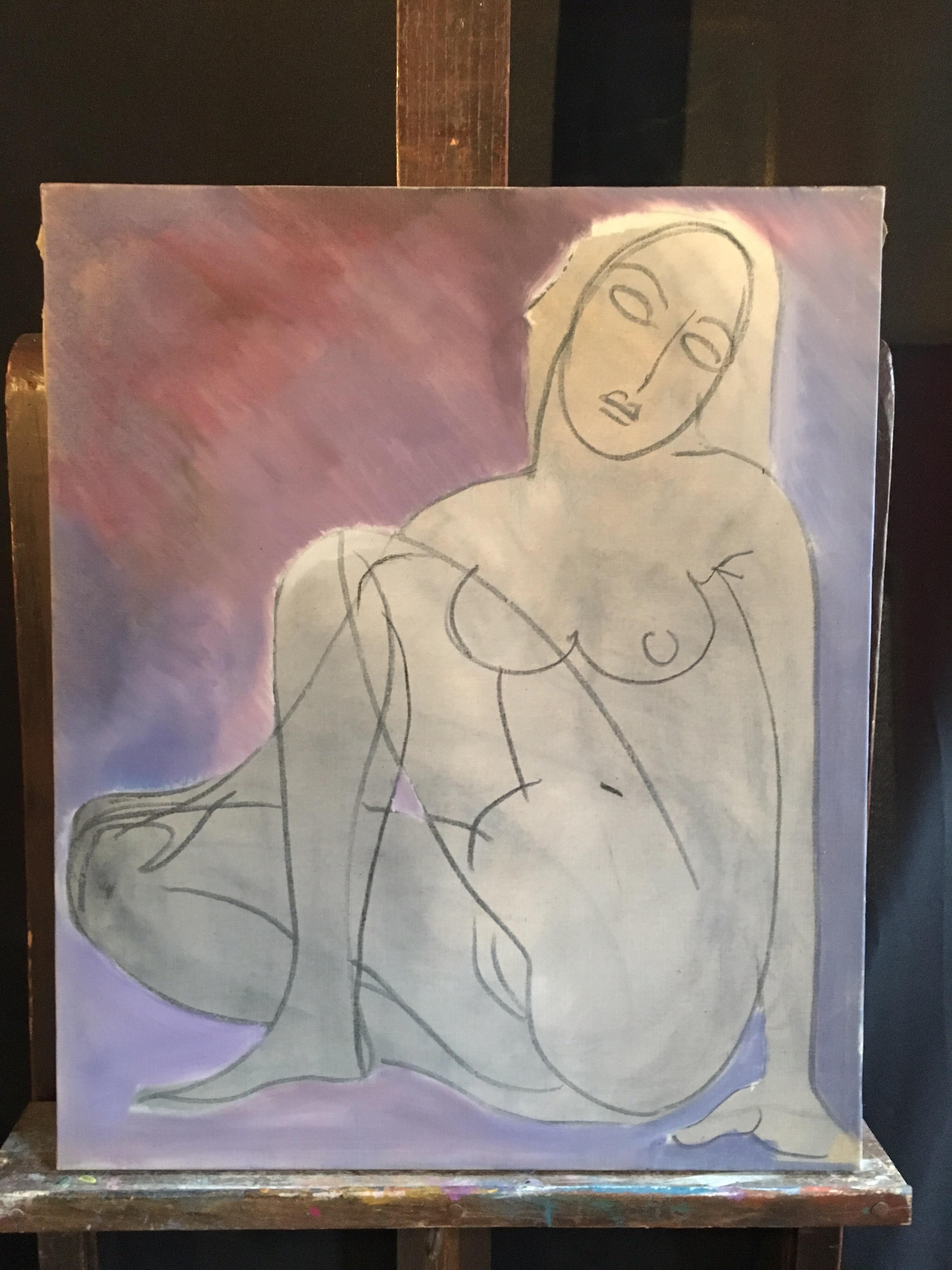 Large Nude Sketch, Oil Painting, Light Purple Colour - Gray Interior Painting by Unknown