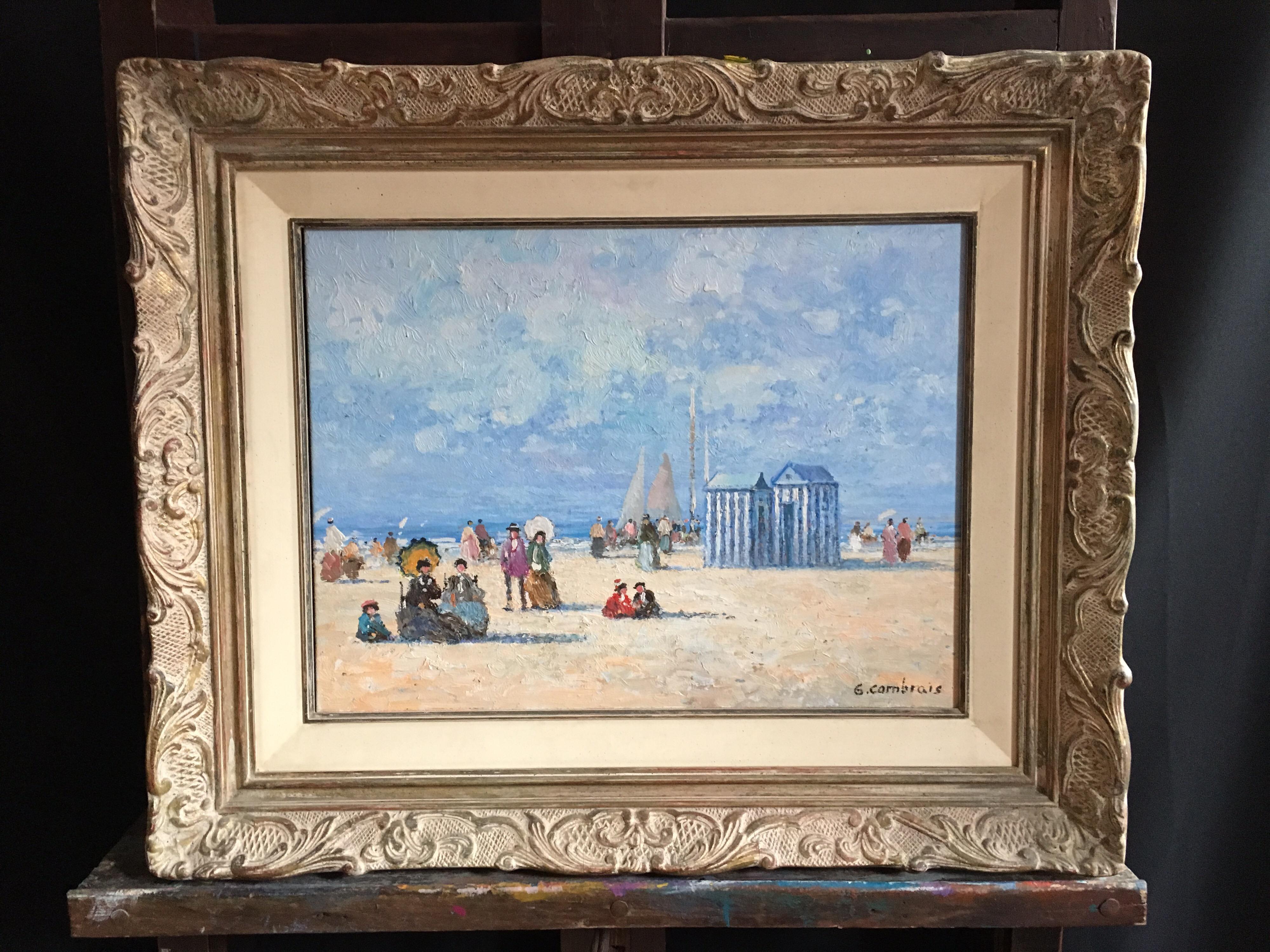 Elegant Beach Painting, French Impressionist, Nautical, Signed Oil Painting - Gray Landscape Painting by G. Gambrais