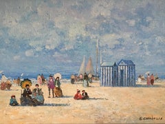 Peinture à l'huile élégante de plage:: impressionniste française:: nautique:: signée