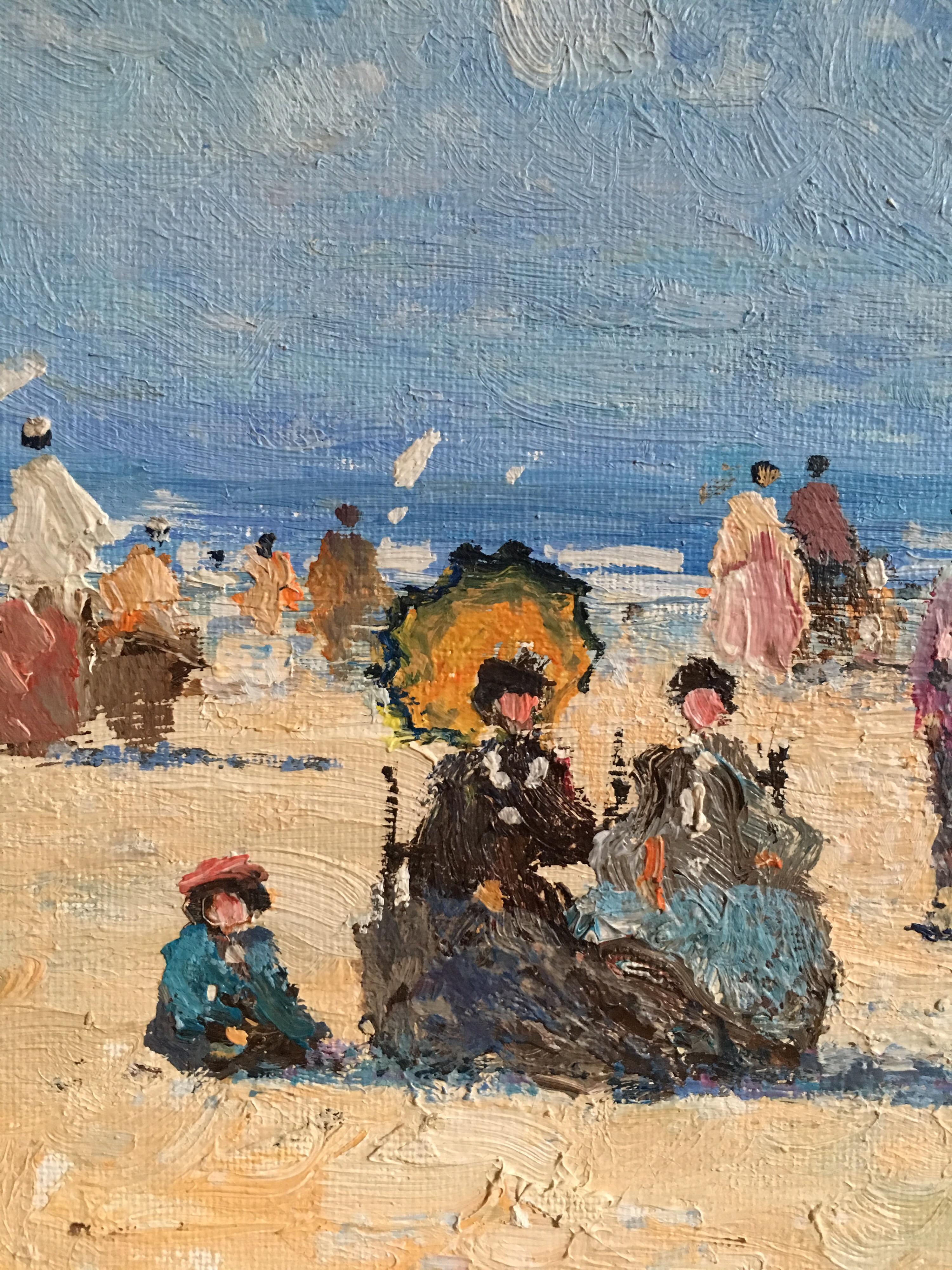 Elegant Beach Painting, French Impressionist, Nautical, Signed Oil Painting 1