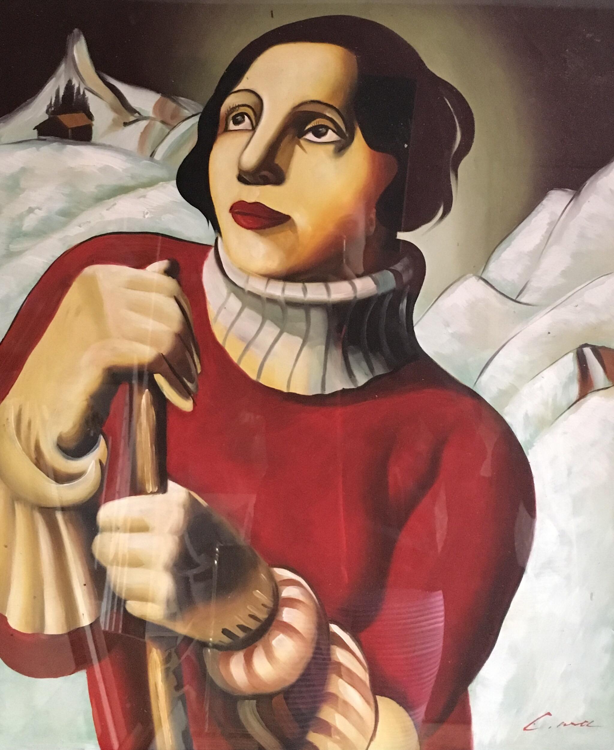 Art Deco Portrait Lady Ski-ing in Alps, Large Oil Painting, Signed
