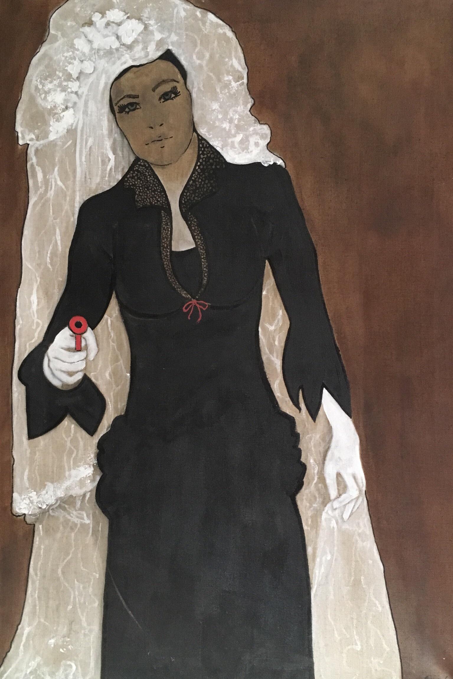 Chica con pistola Retrato estilizado de los años 90 Pintura al óleo firmada