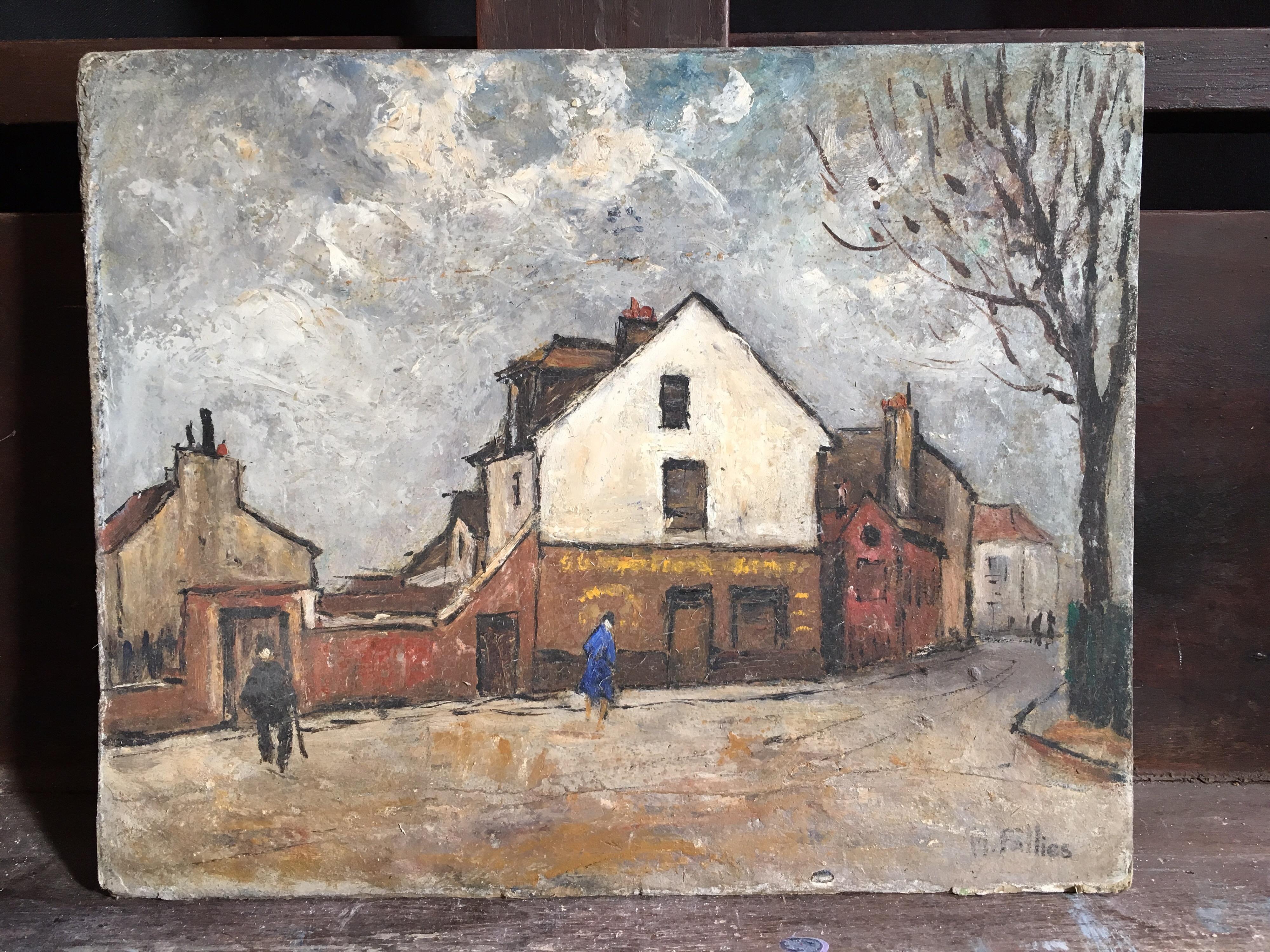 Windy Paris Street Scene, Impressionist Landscape Original Oil Painting, Signed - Brown Figurative Painting by Unknown