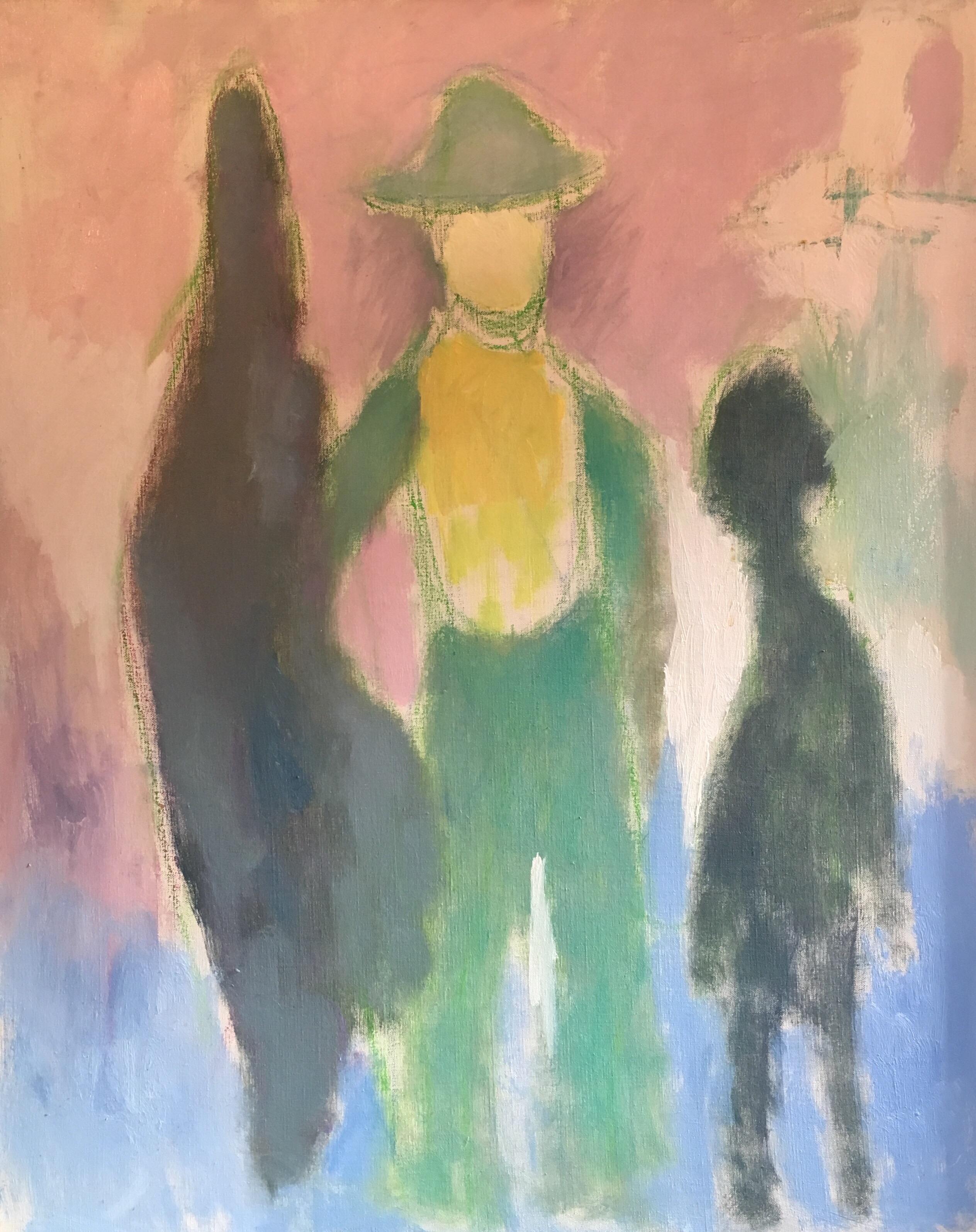 Portrait Painting Akos Biro - Peinture à l'huile abstraite colorée rose pastel des années 1970, d'origine