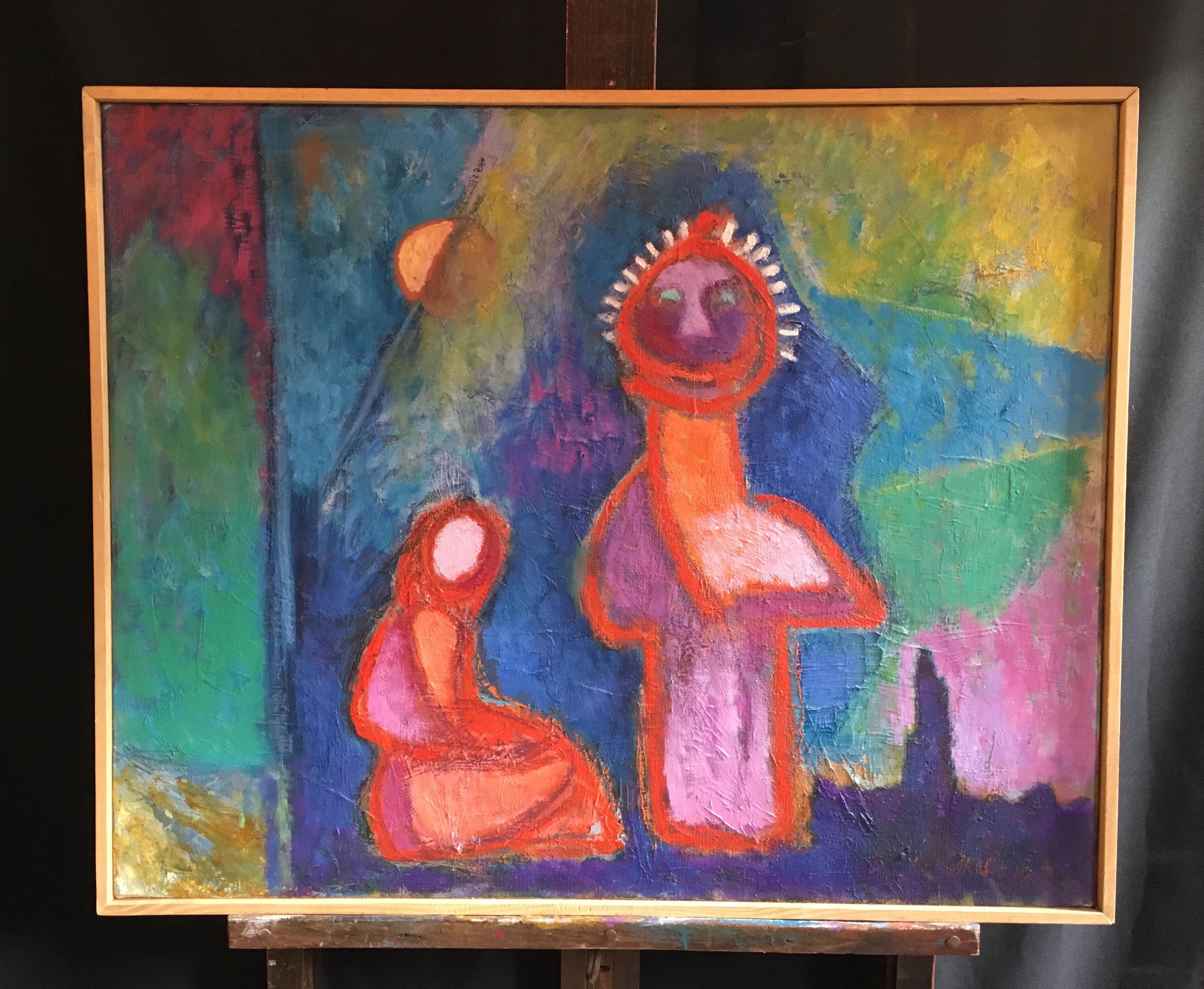 Peinture à l'huile d'origine expressionniste abstraite colorée de style artisanal - Expressionniste Painting par Akos Biro