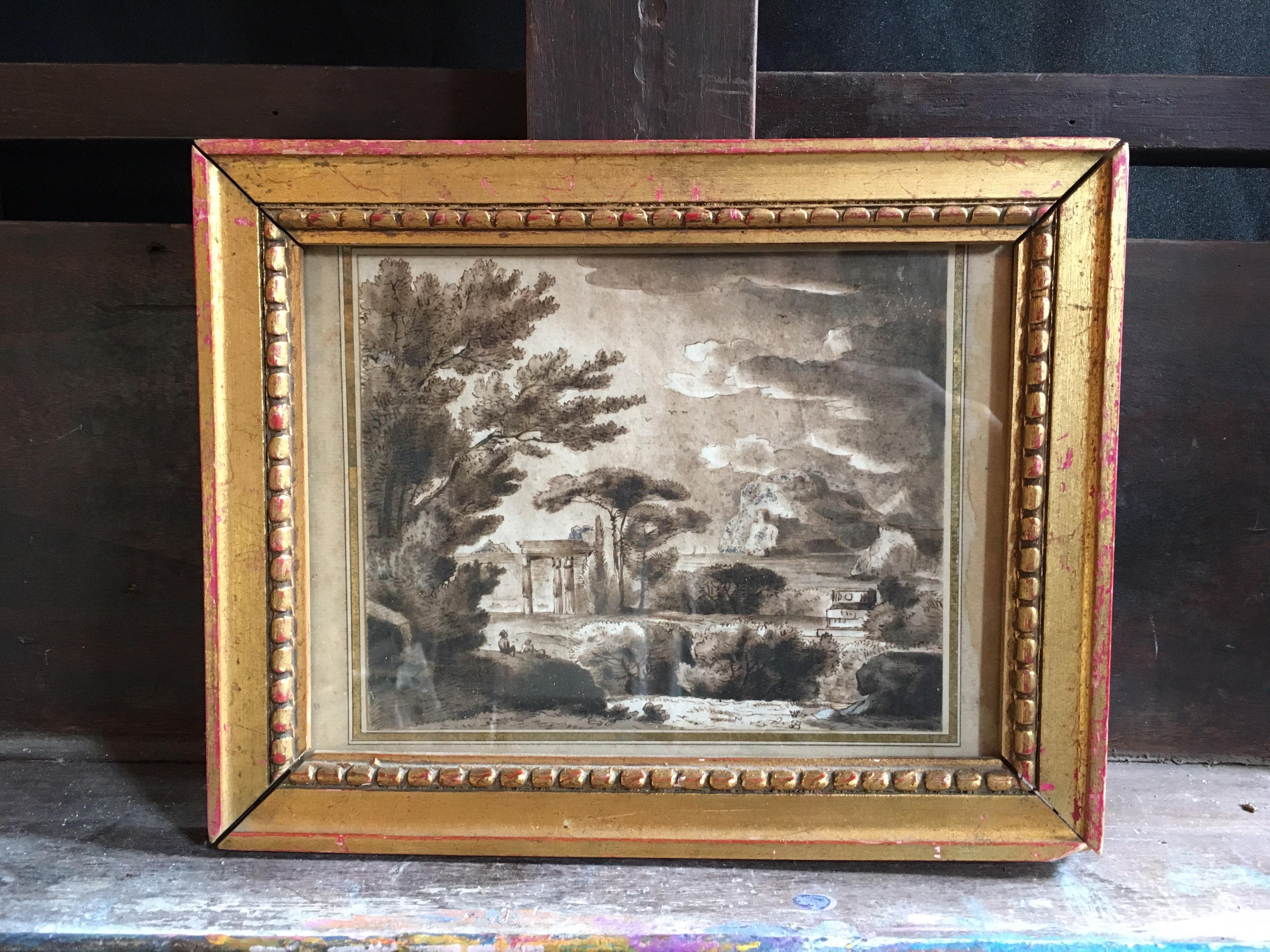 Classical Landscape, Original Glazed Frame, Signed - Painting by Unknown