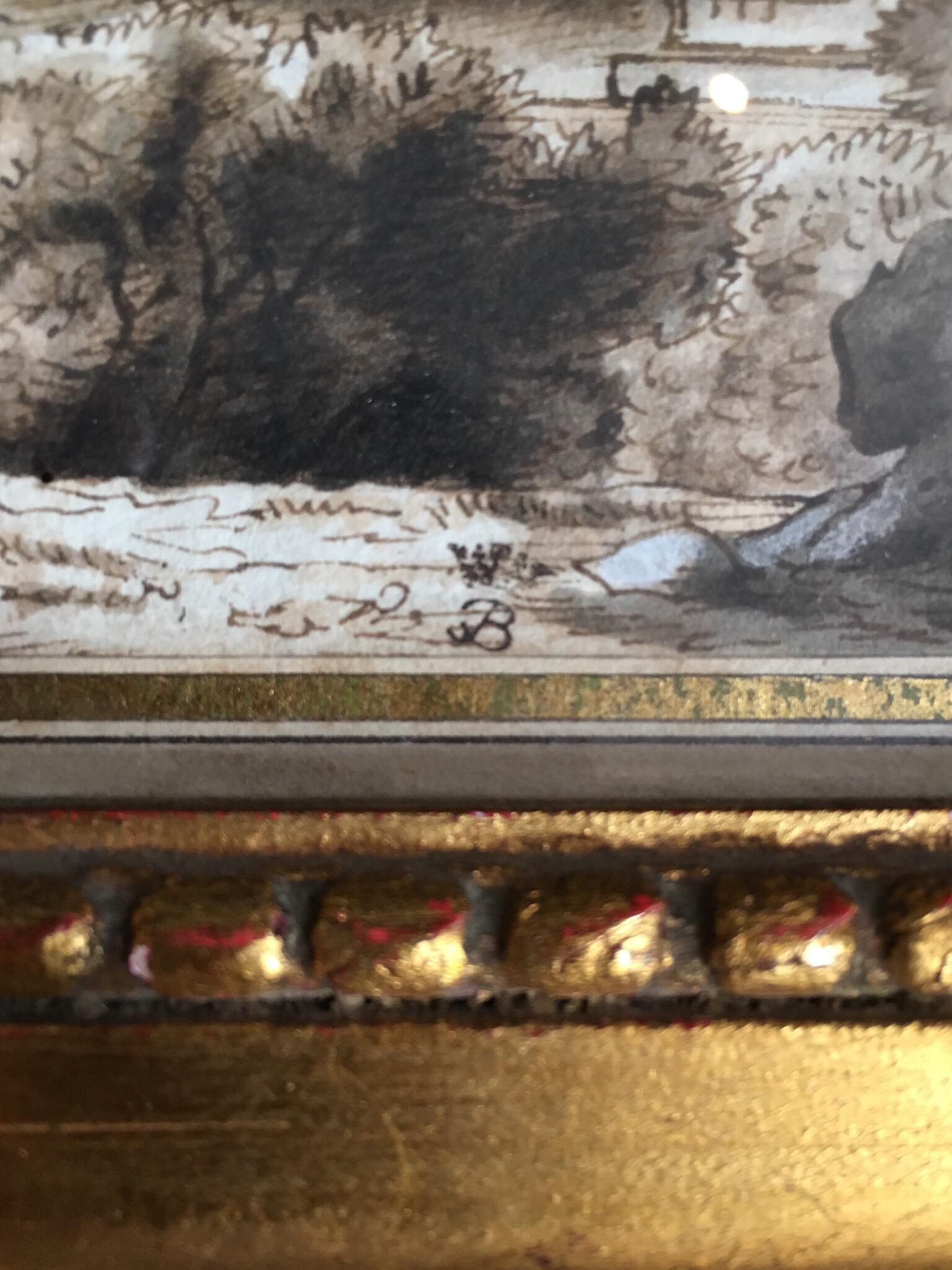 Grand Tour Studie
Italienische Schule, 18. Jahrhundert
monogrammiert, rechte untere Ecke,
Aquarell lavierte Malerei auf Karton, verglaster Rahmen
Gerahmte Größe: 9 x 11 Zoll

Das Gemälde fängt diesen idyllischen Blick auf eine ruhige, klassische