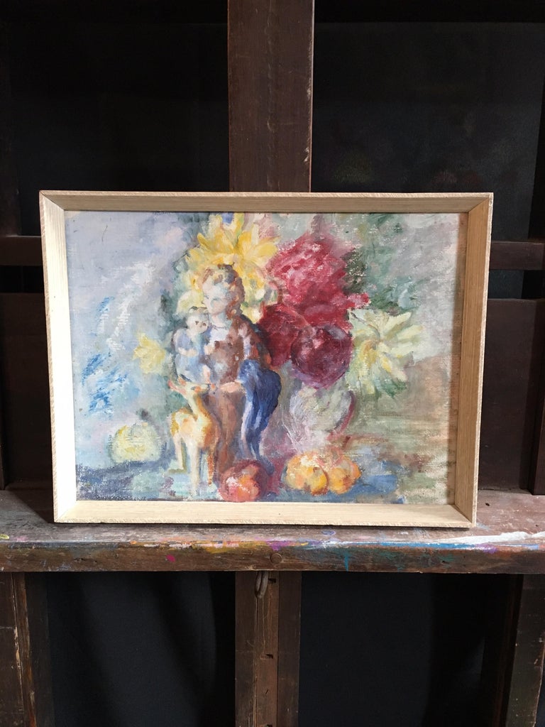 Unknown Elegant Portrait, Mother and Child, Original Oil Painting For