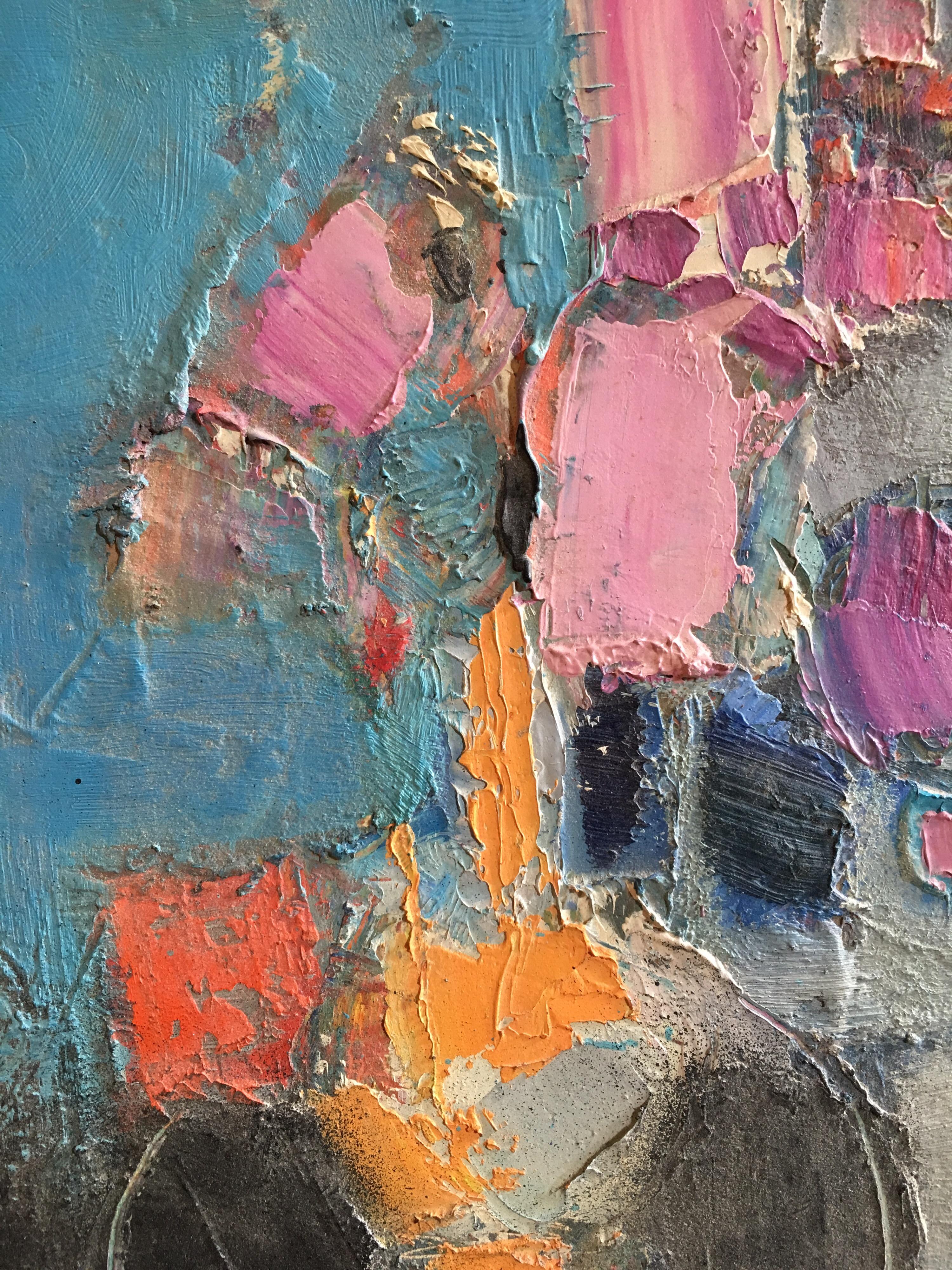 Pittura ad olio vibrante, astratta, blu, colorata, originale - Portrait Painting Grigio di L.Polevin