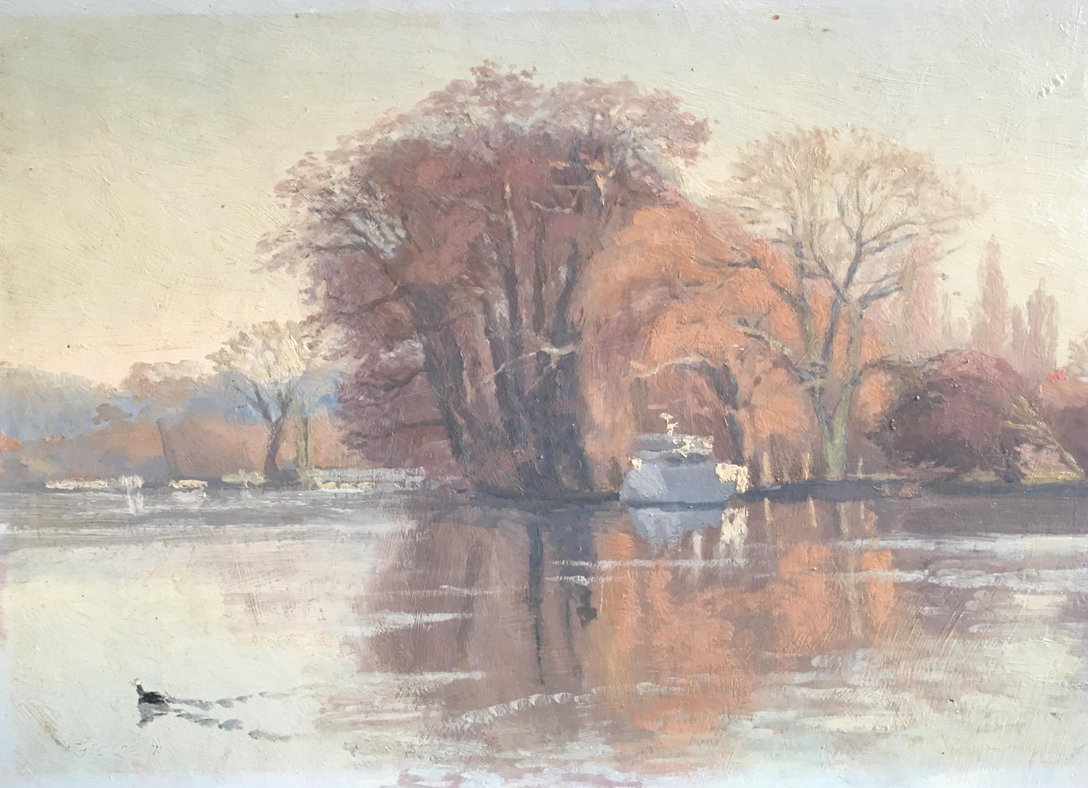 Harold George Figurative Painting - Sunrise on the river 'The River at Shiplake', Signed Oil Painting
