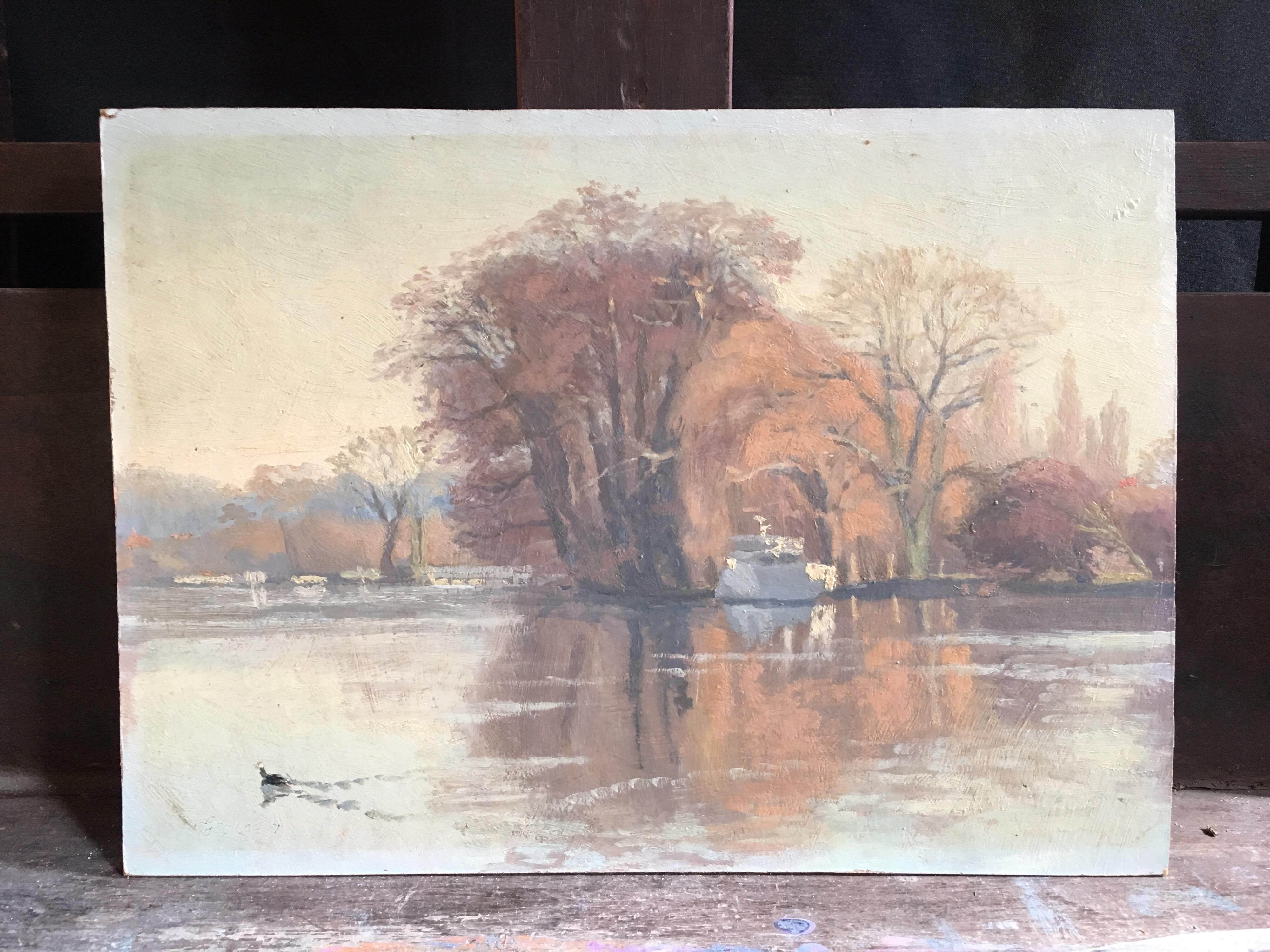 Le lever du soleil sur la rivière « La rivière de Shiplake », peinture à l'huile signée - Painting de Harold George
