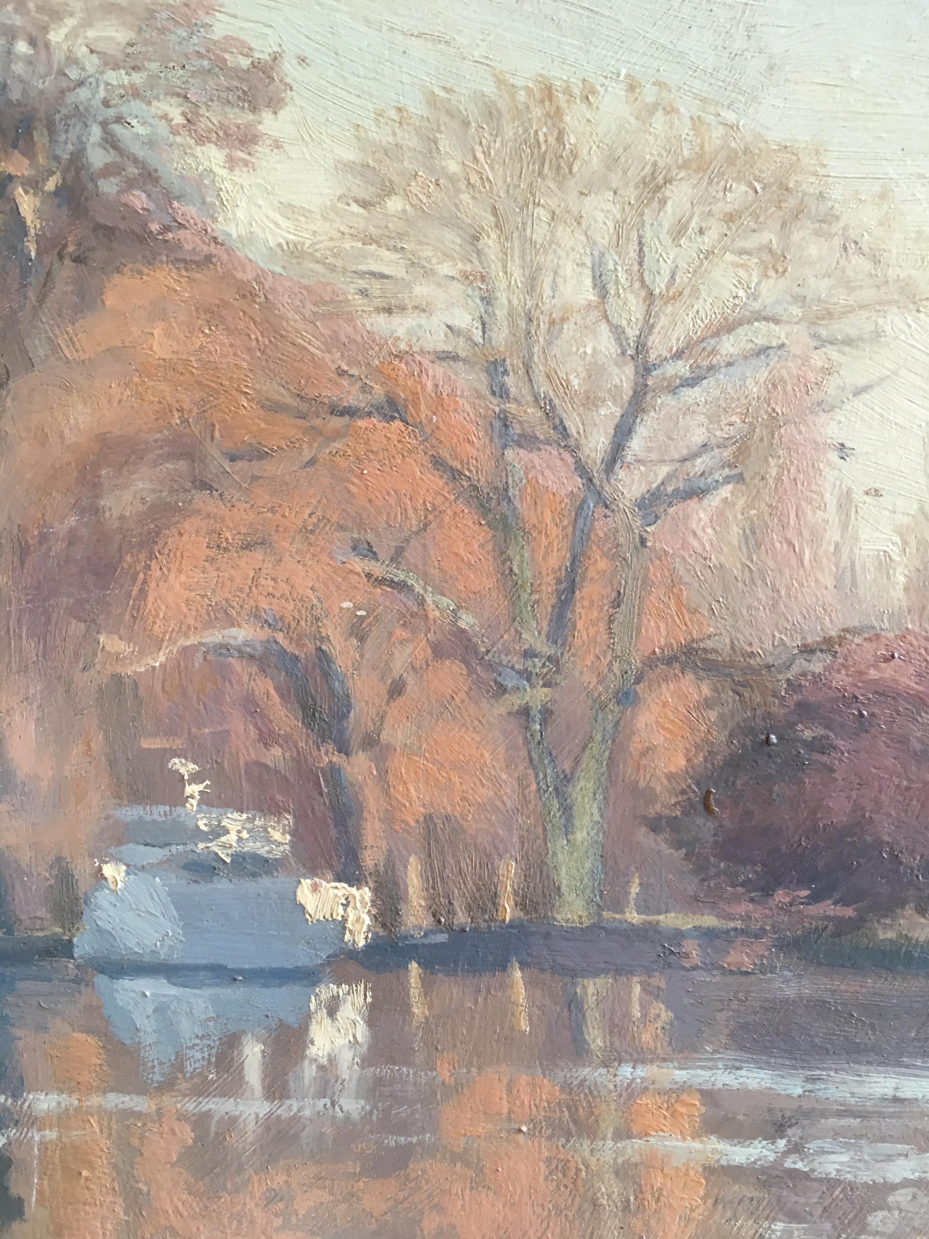 Le lever du soleil sur la rivière « La rivière de Shiplake », peinture à l'huile signée - Beige Figurative Painting par Harold George