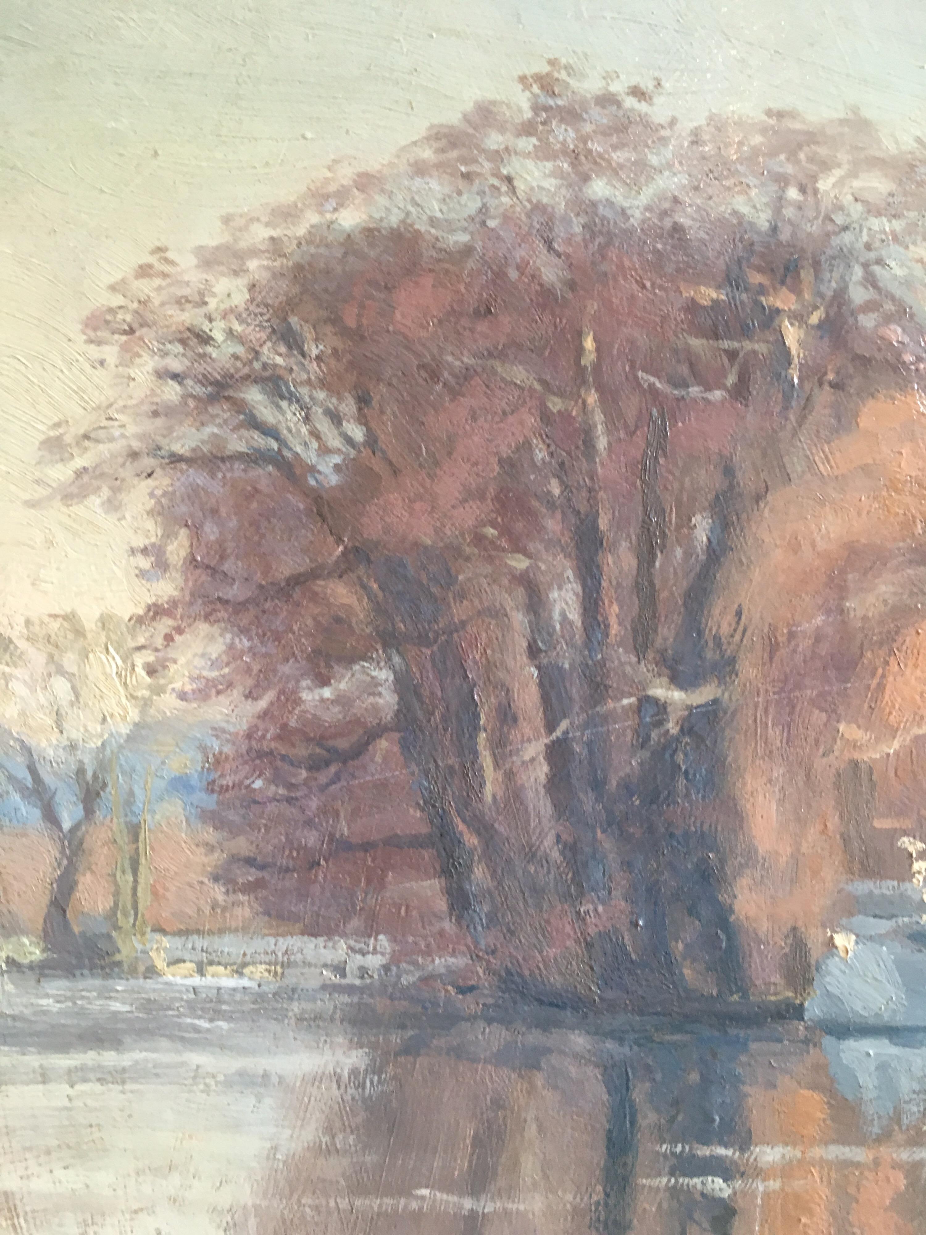 The River at Shiplake, England, Signed Original Impressionist oil
Par l'artiste britannique Harold George, 20e siècle
Signé par l'artiste dans le coin inférieur gauche et daté '71' & verso
Peinture à l'huile sur carton, non encadrée
Taille du