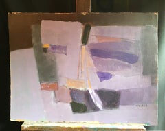 French Abstract Cubist Oil Painting in Purple Tones, 20th Century